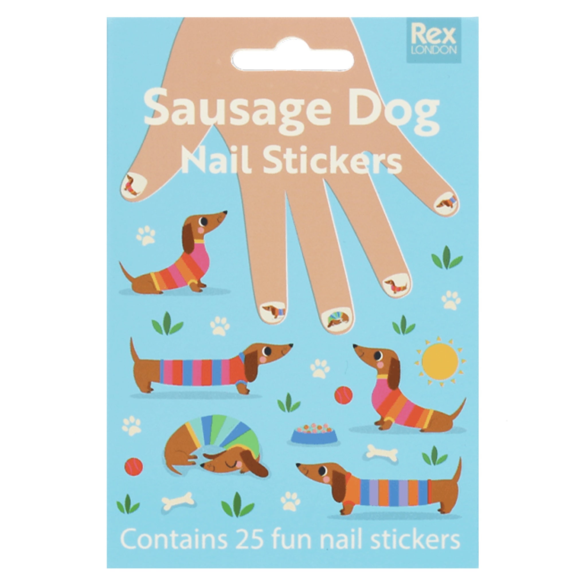 Packaging of Sausage Dog Nail Stickers by Rex London with illustrations on a blue background.
