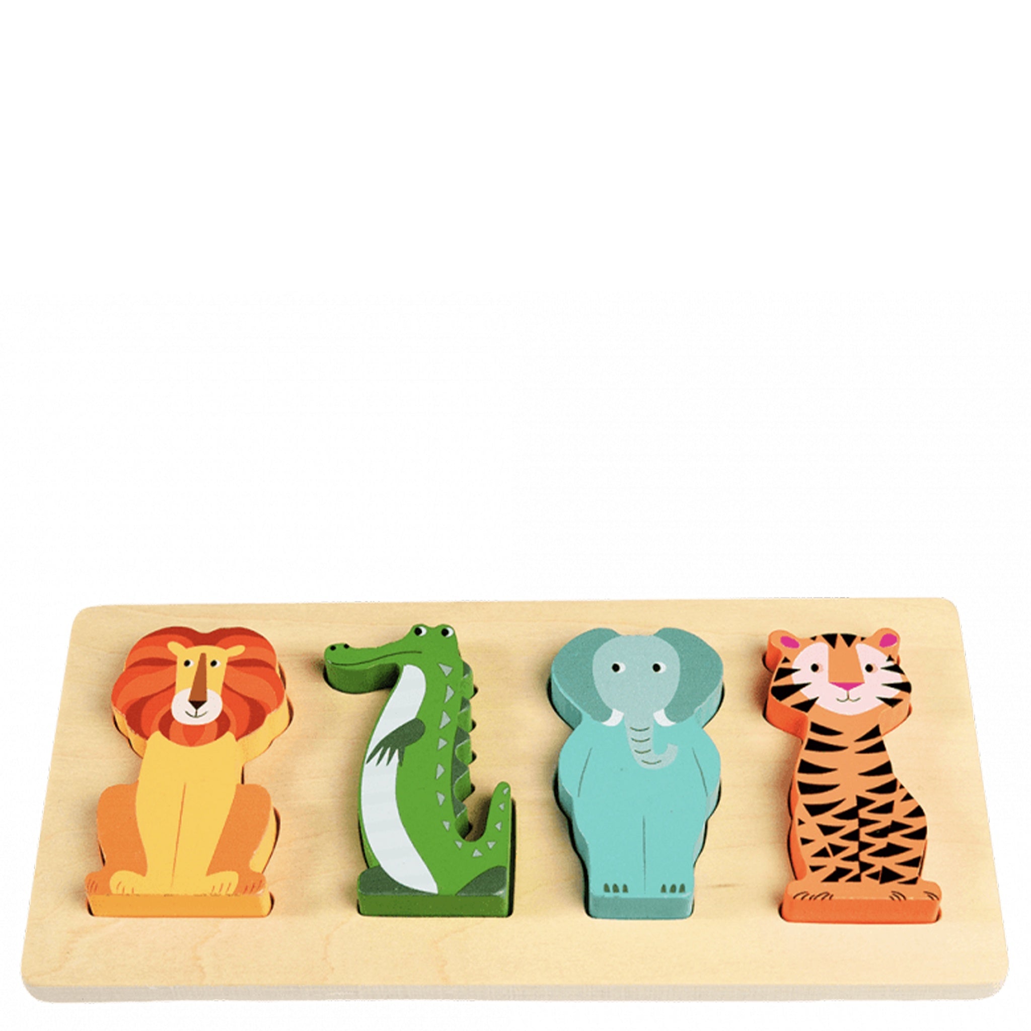Wooden puzzle with lion, crocodile, elephant, and tiger on a white background