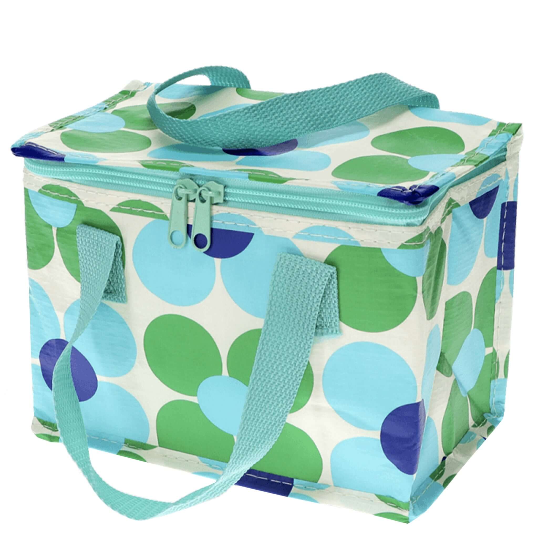 insulated lunch bag with green and blue daisy pattern