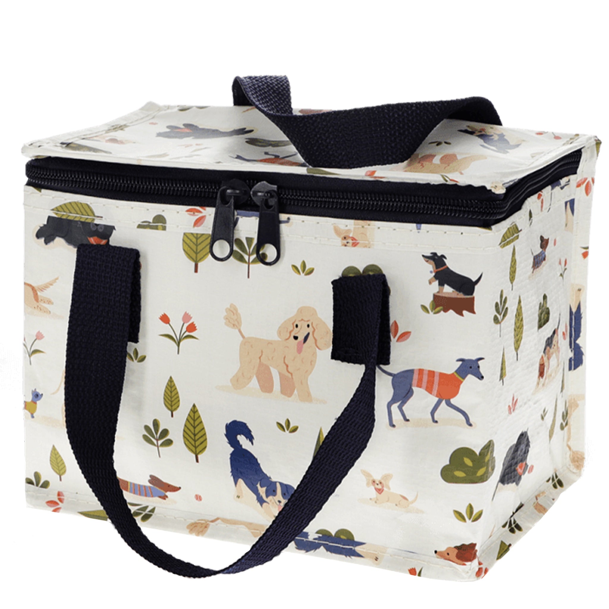 insulated cooler bag with dog pattern on a white background