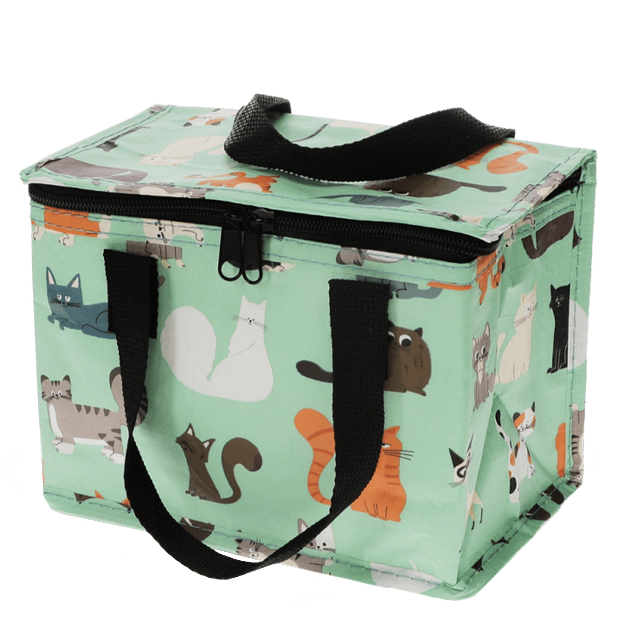 insulated lunch bag with cat pattern on a white background