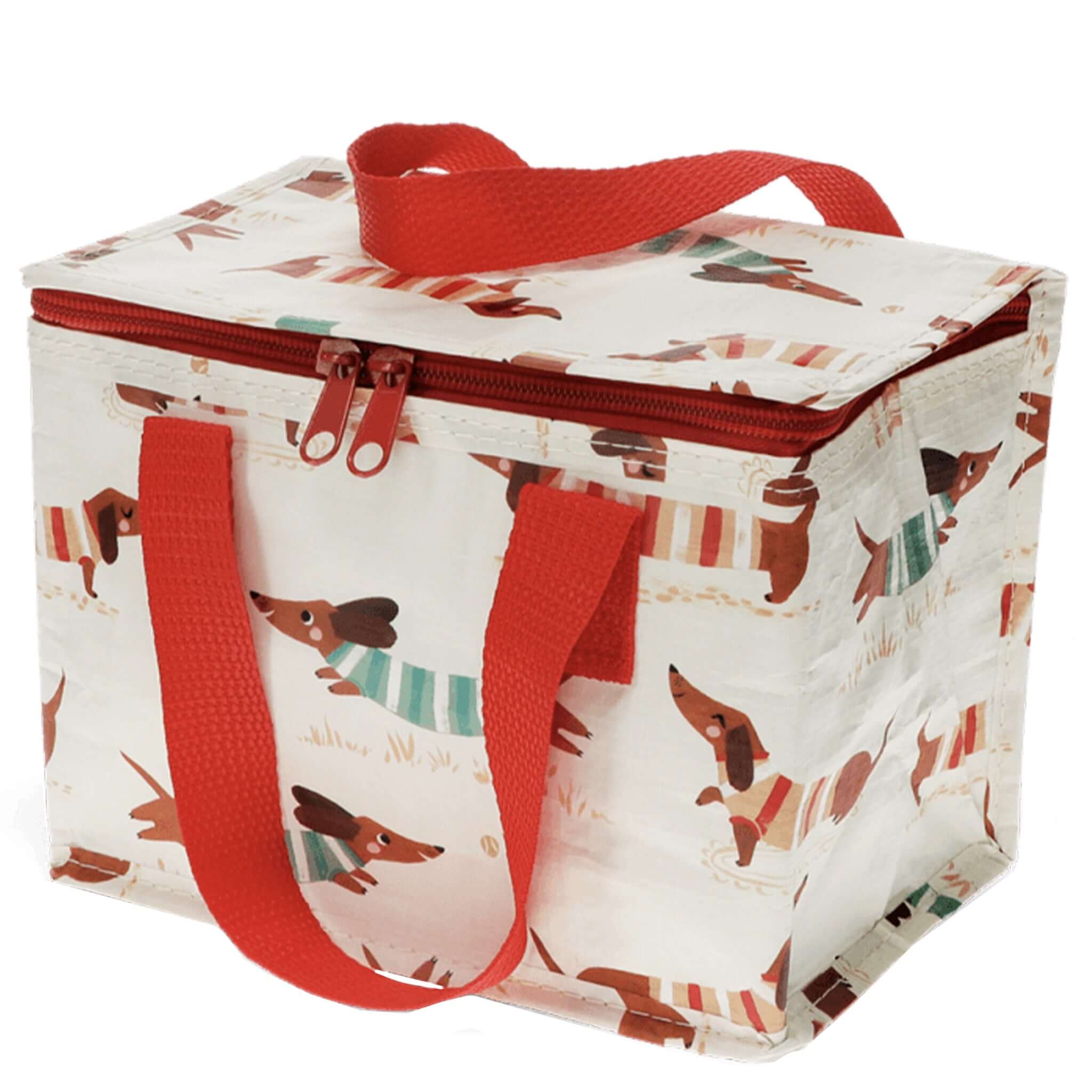 Alt Tag: Rex London Insulated Lunch Bag - Sausage Dog foil insulated lunch bag with red handles and playful dachshund print