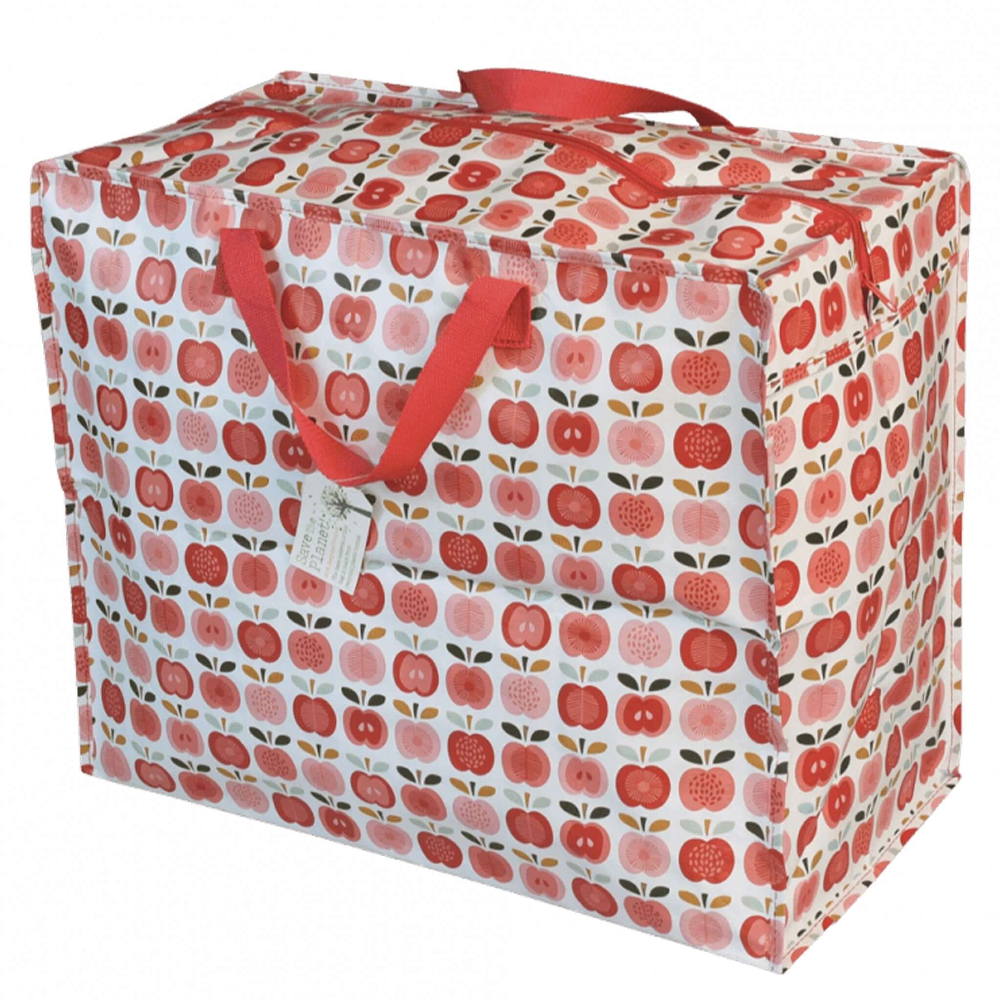 Storage box with red apple pattern and red handles on a white background