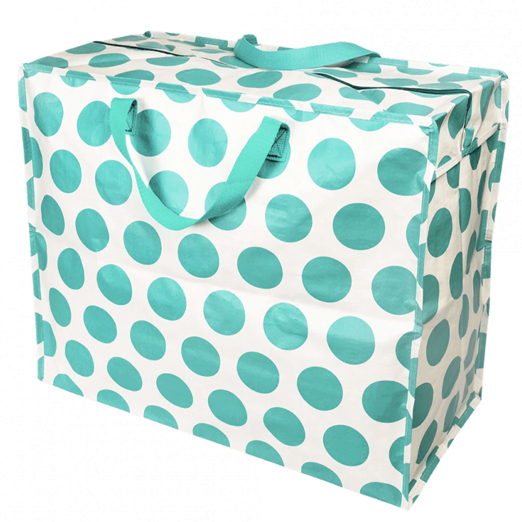 Alt Tag: Rex London Jumbo Storage Bag - Spotlight Turquoise on White jumbo recycled plastic storage bag with turquoise polka dots