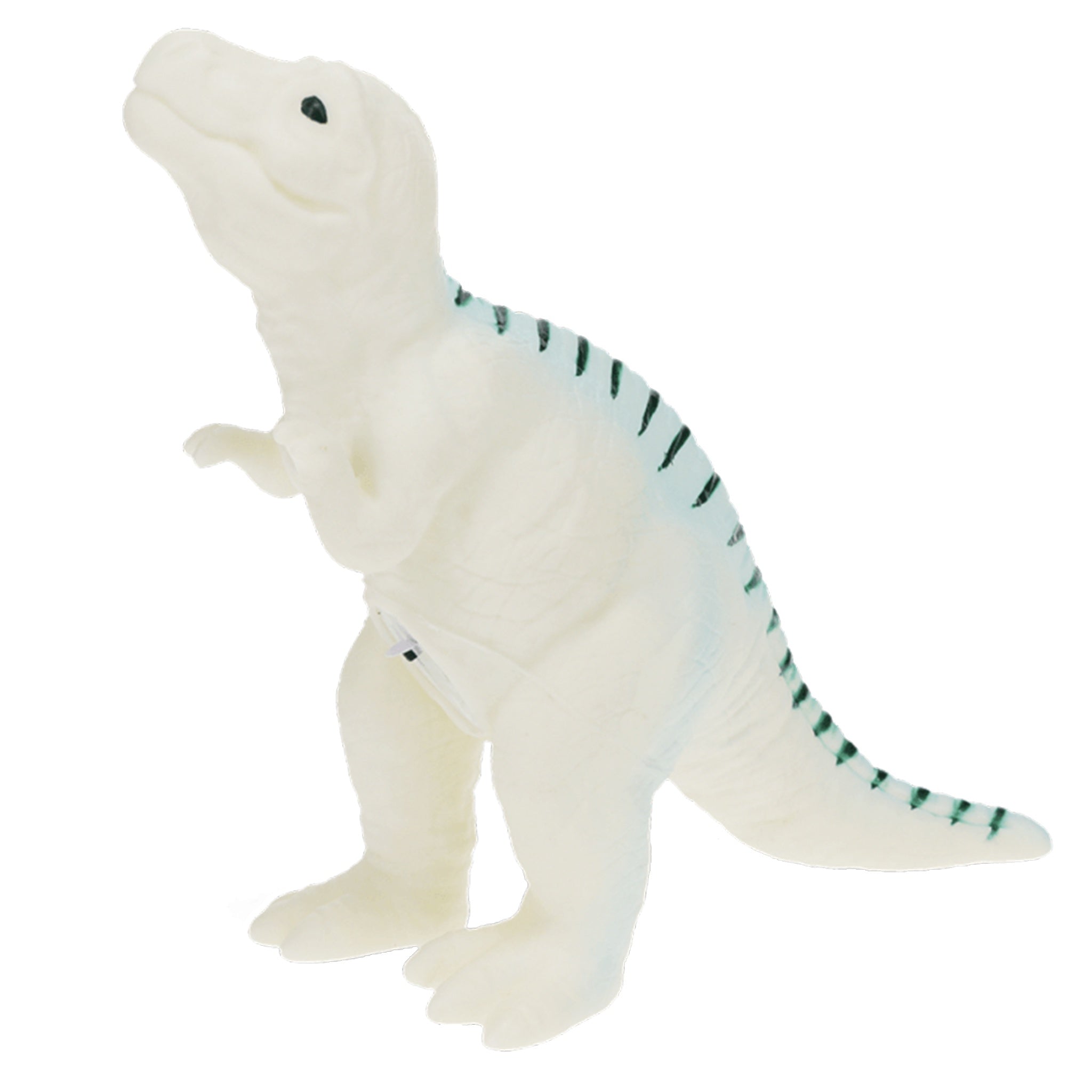 Dinosaur nightlight with white body and green stripes on a white background