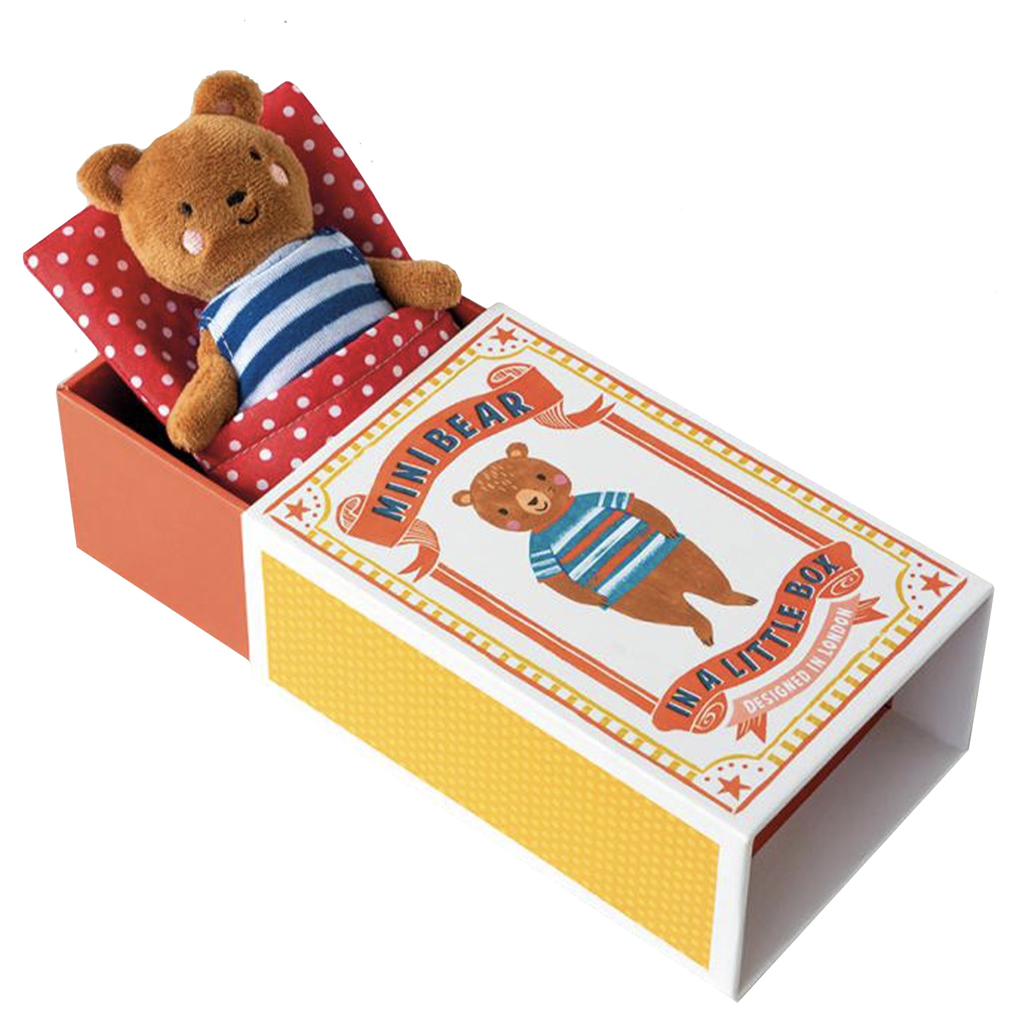 Small teddy bear in a decorative box with a colorful label