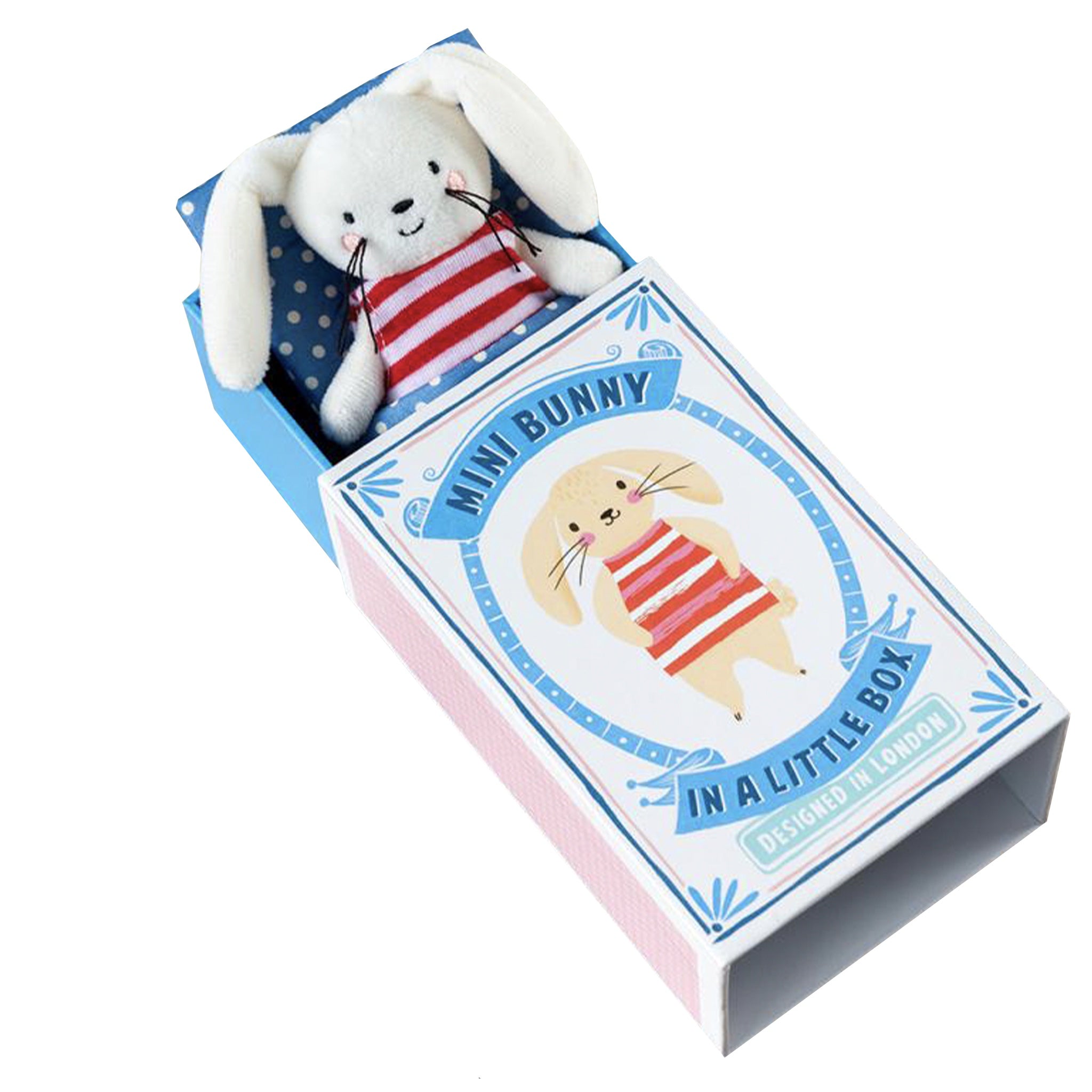 Plush bunny toy in a decorative box with a label on a white background