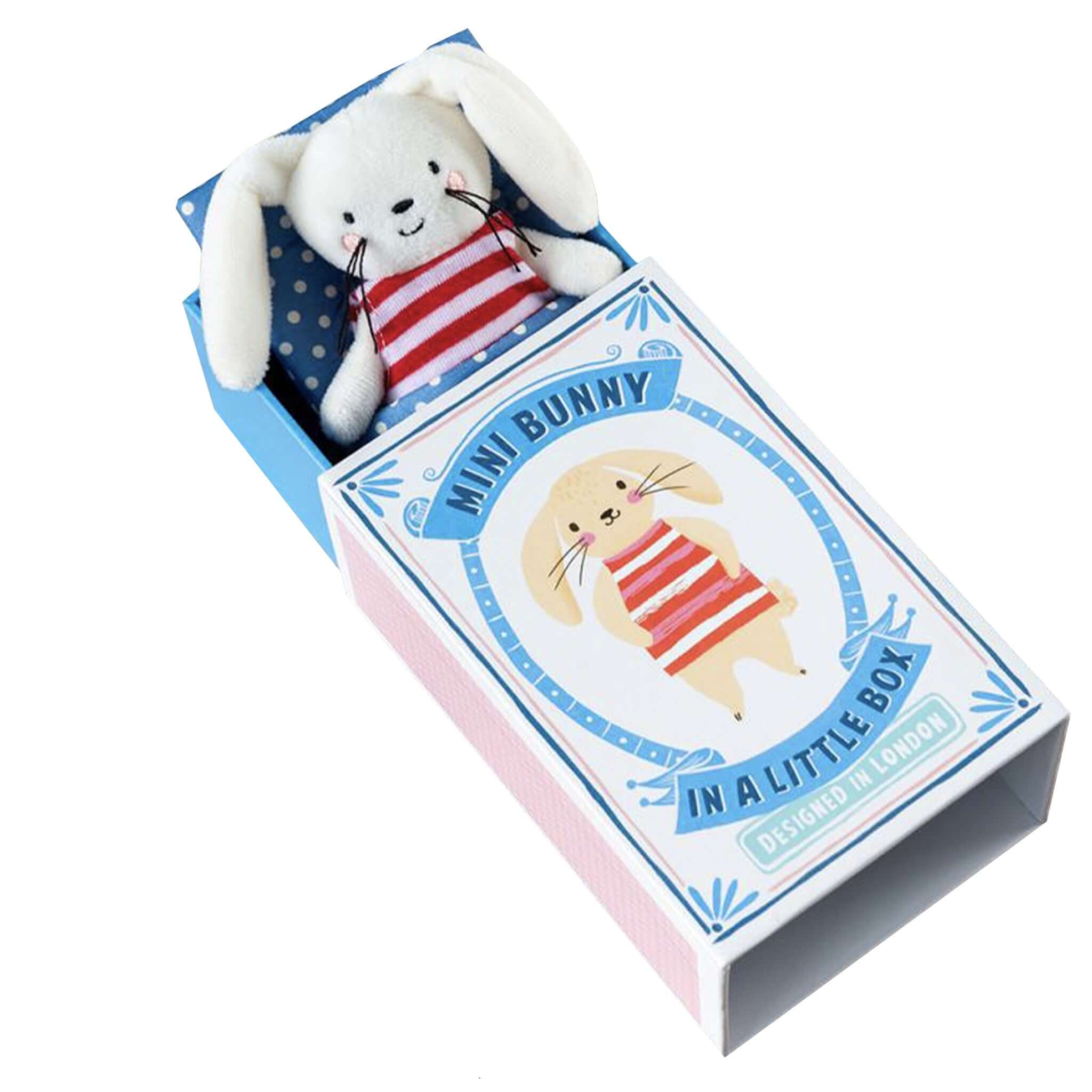 Plush bunny toy in a decorative box with a label on a white background