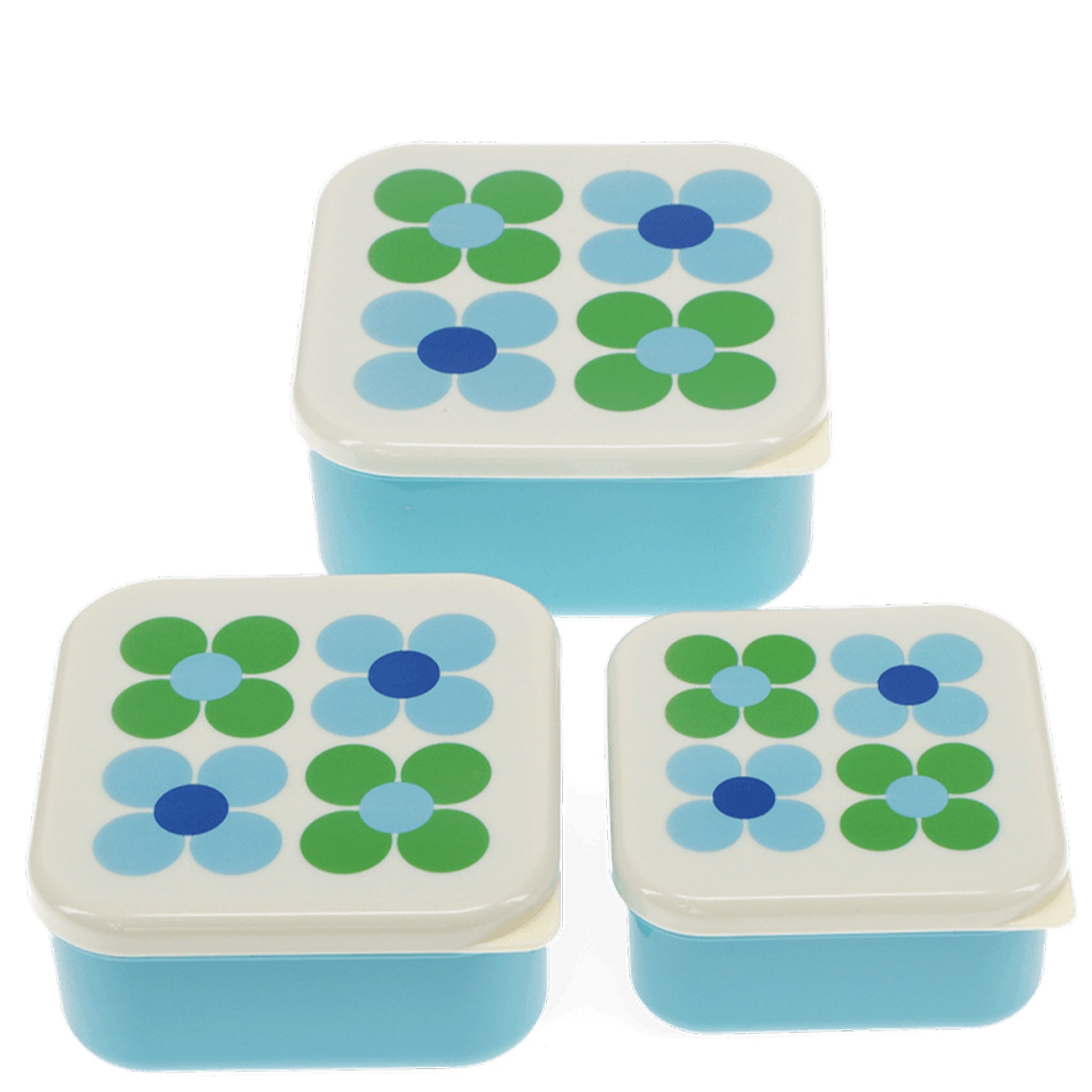Set of three square containers with floral lids on a white background