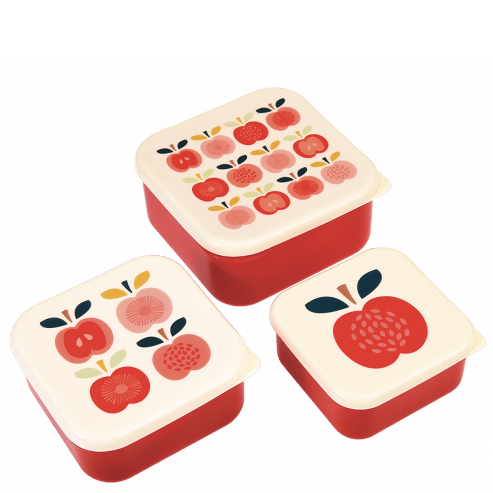 Set of three red food containers with apple designs on a white background