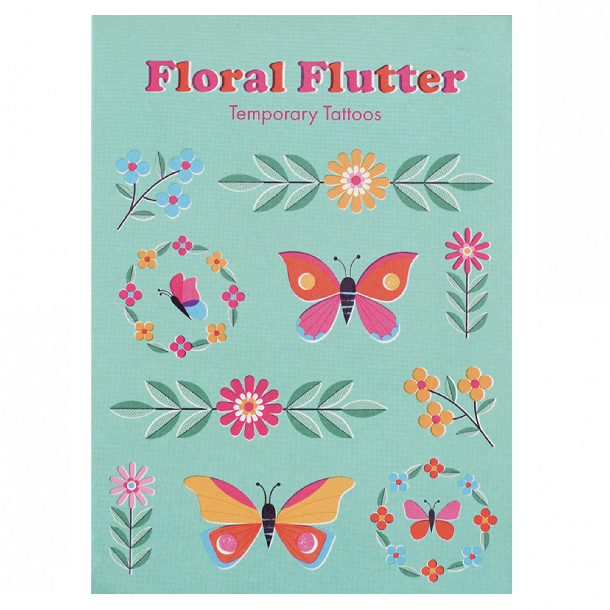 Floral Flutter temporary tattoos packaging with butterflies and flowers on a teal background