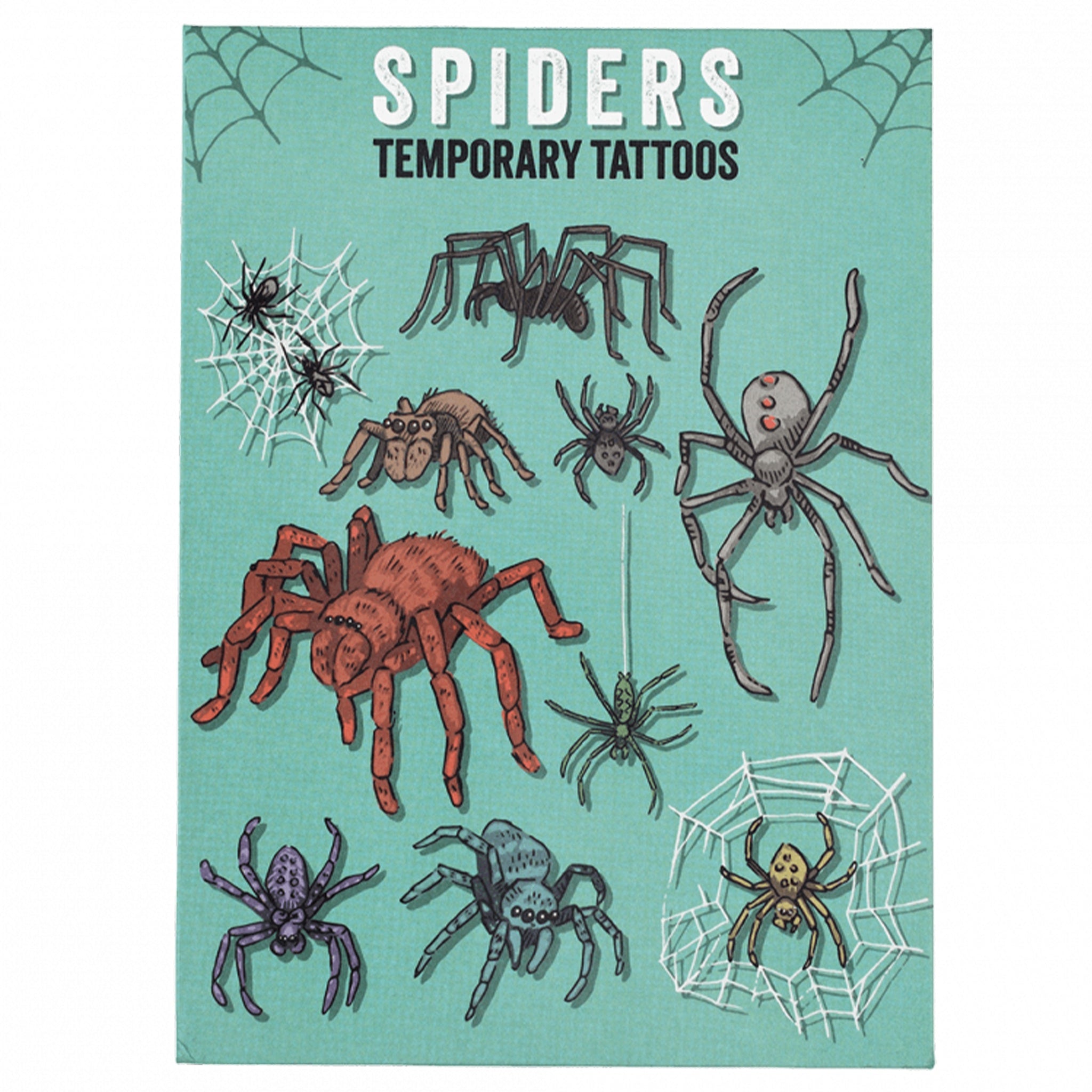 Spiders temporary tattoos on a teal background