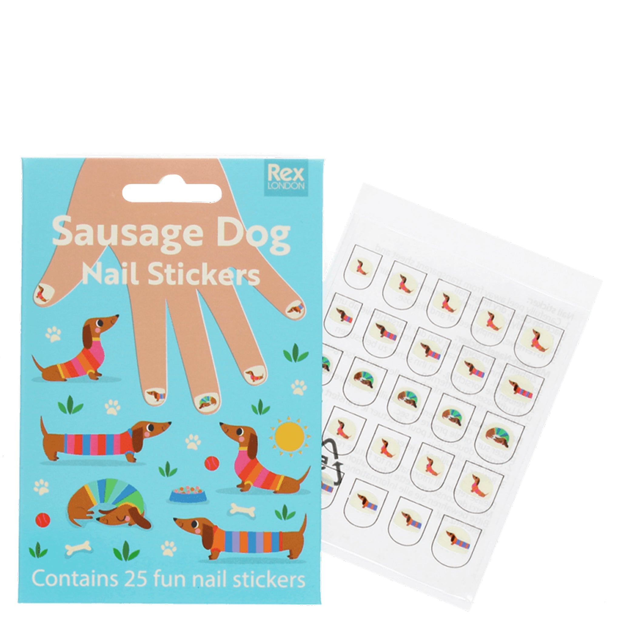 Sausage dog nail stickers with packaging on a white background