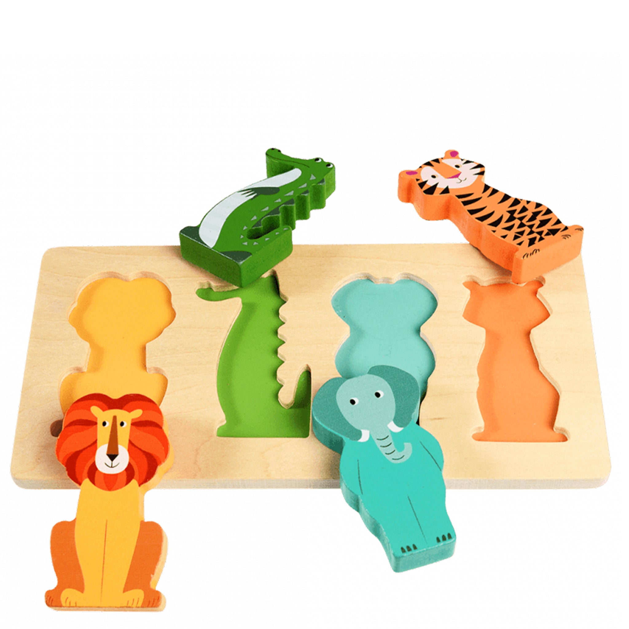 Wooden puzzle with animal figures on a white background