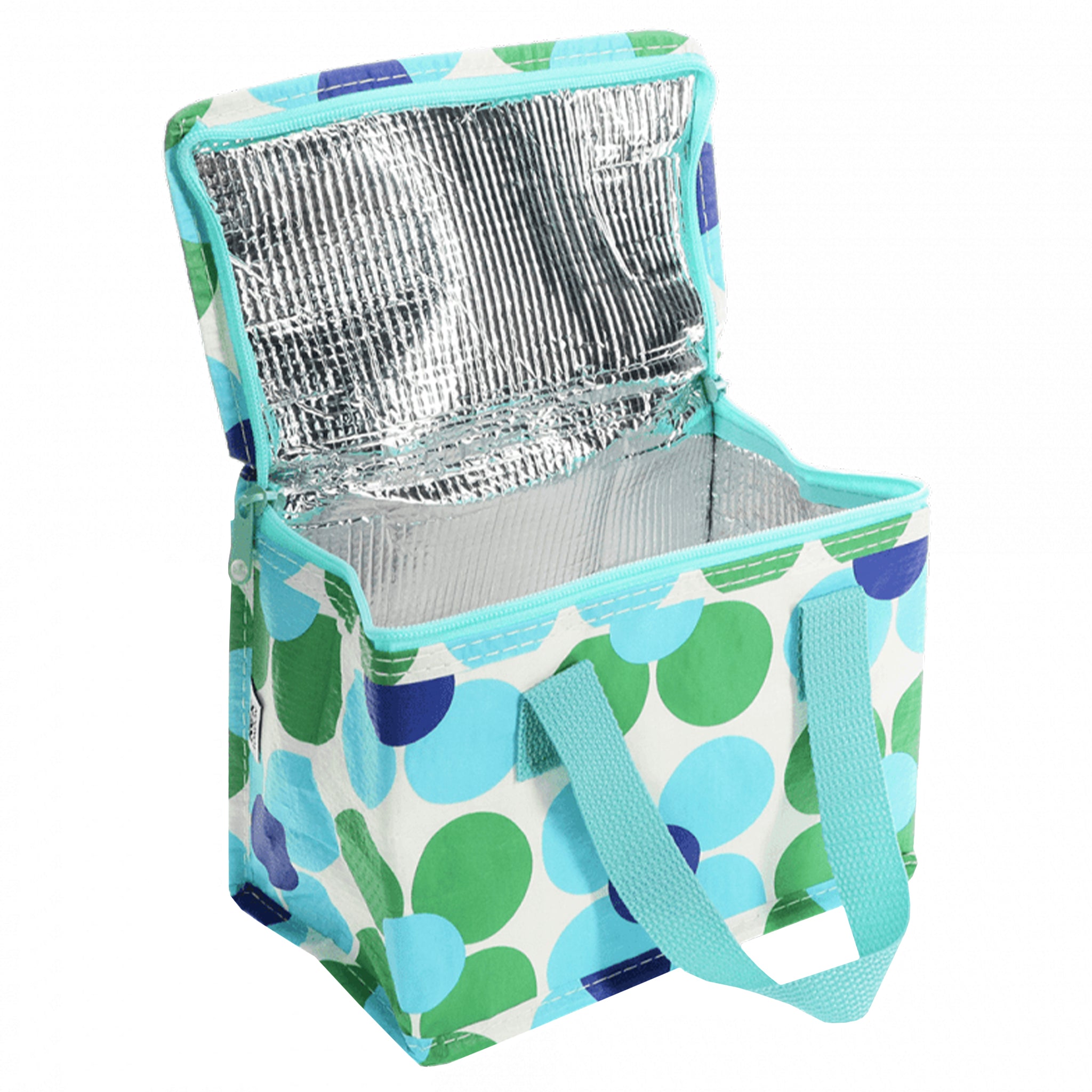 insulated lunch bag with green and blue daisy pattern