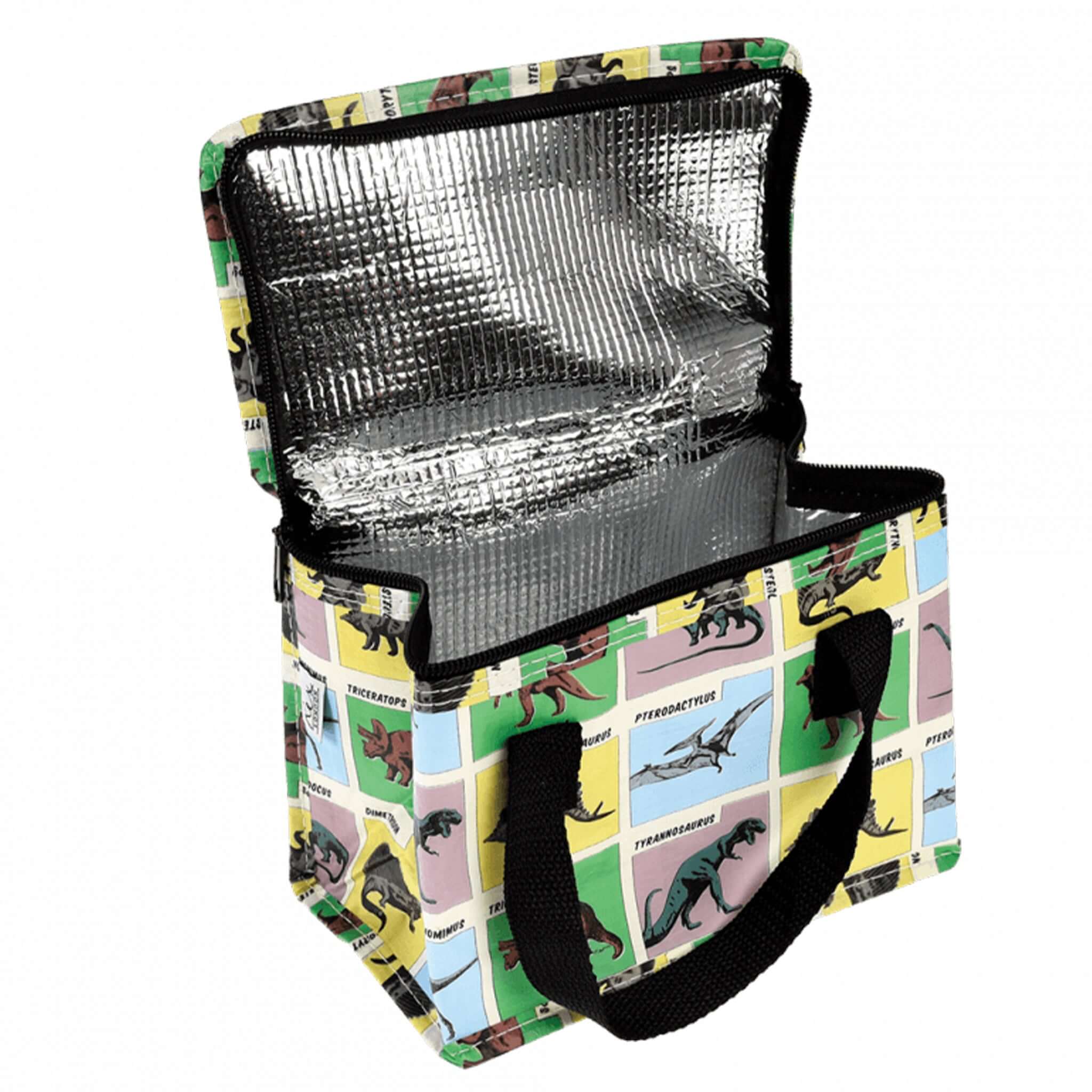 Alt Tag: Rex London Insulated Lunch Bag - Prehistoric Land open foil-lined dinosaur print kids lunch bag made from recycled bottles