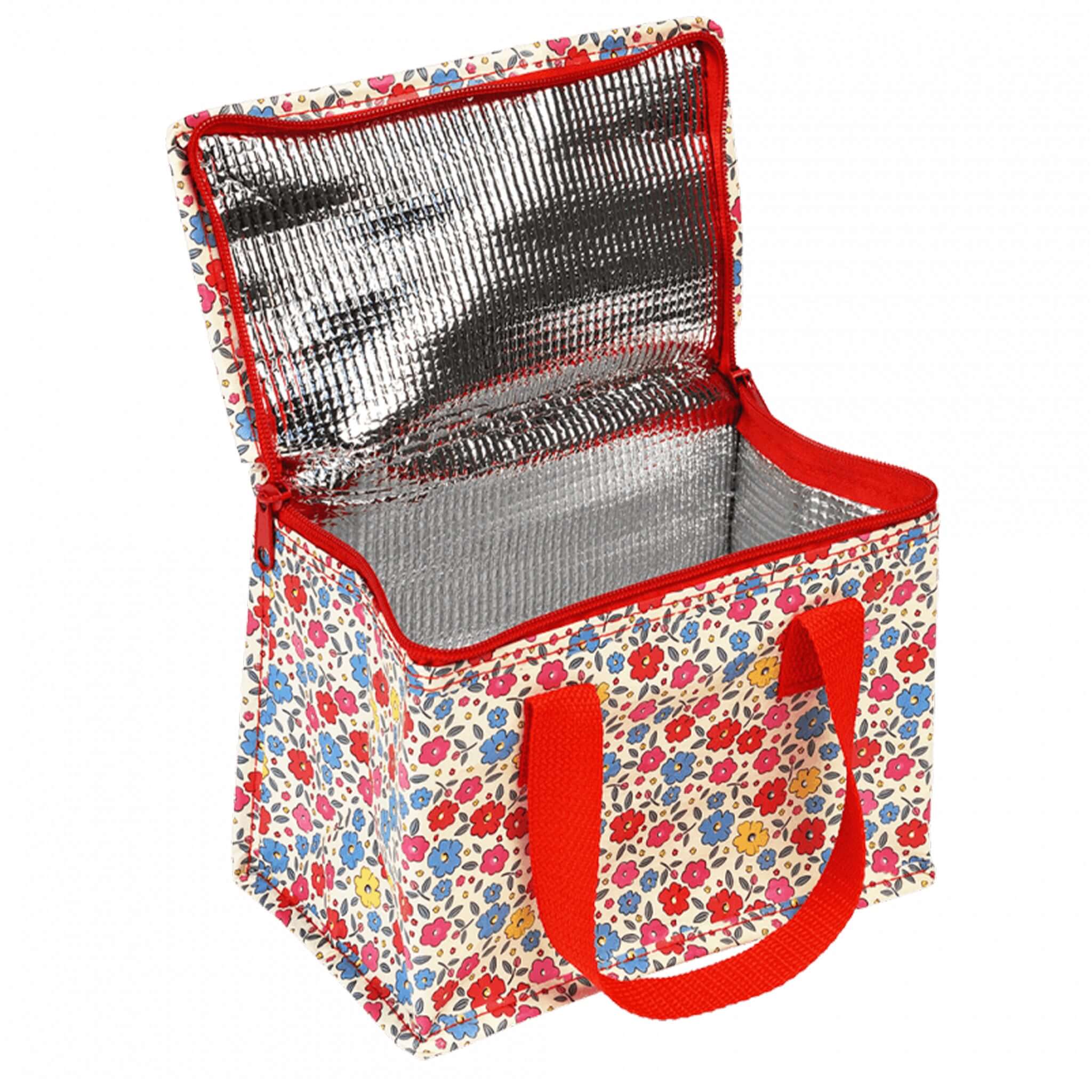 Rex London Insulated Lunch Bag - Tilde open foil-lined floral children’s lunch bag with red handles made from recycled plastic bottles