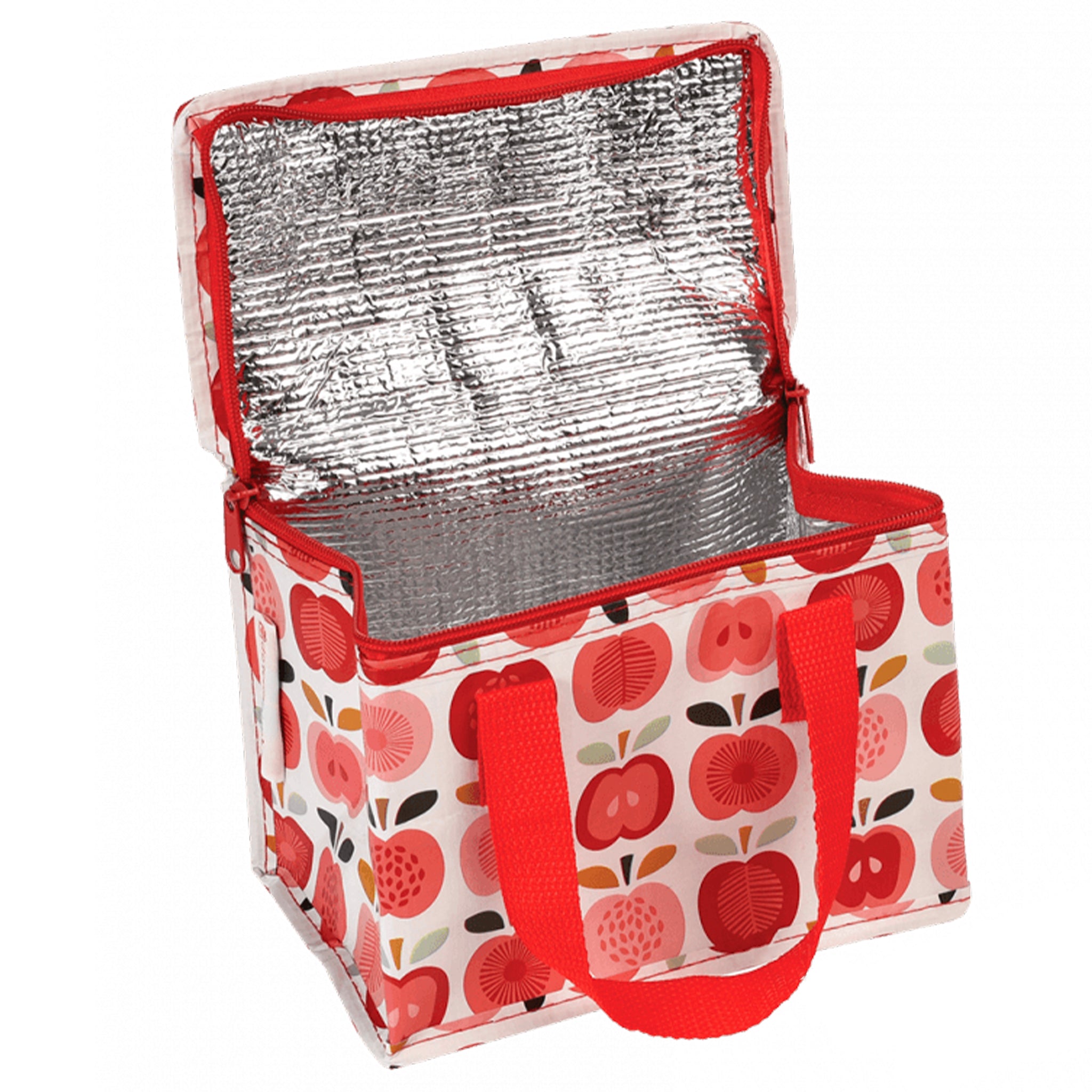 Insulated lunch bag with apple pattern on a white background