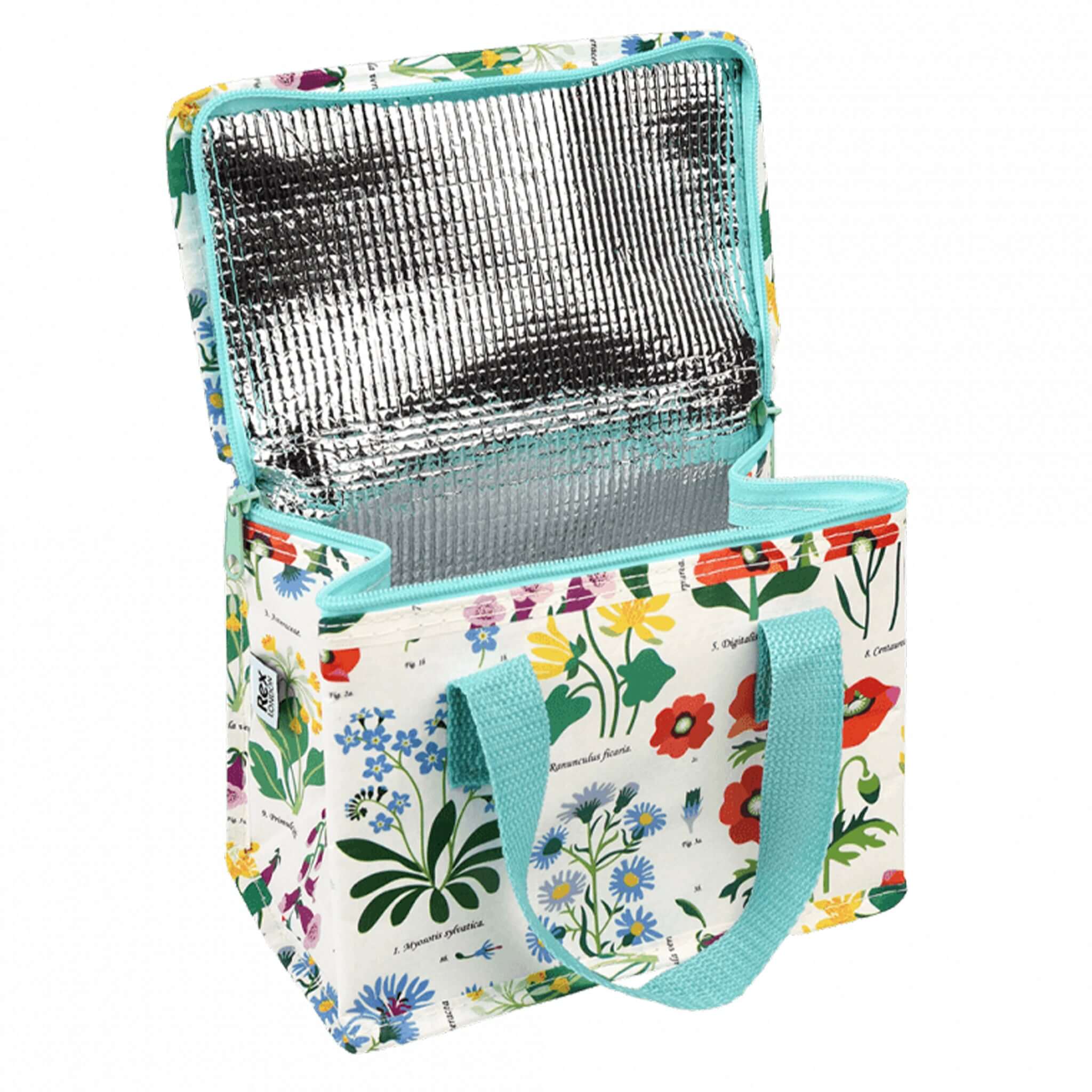 Alt Tag: Rex London Insulated Lunch Bag - Wild Flowers open foil-lined insulated lunch bag with colourful floral print, eco-friendly recycled plastic