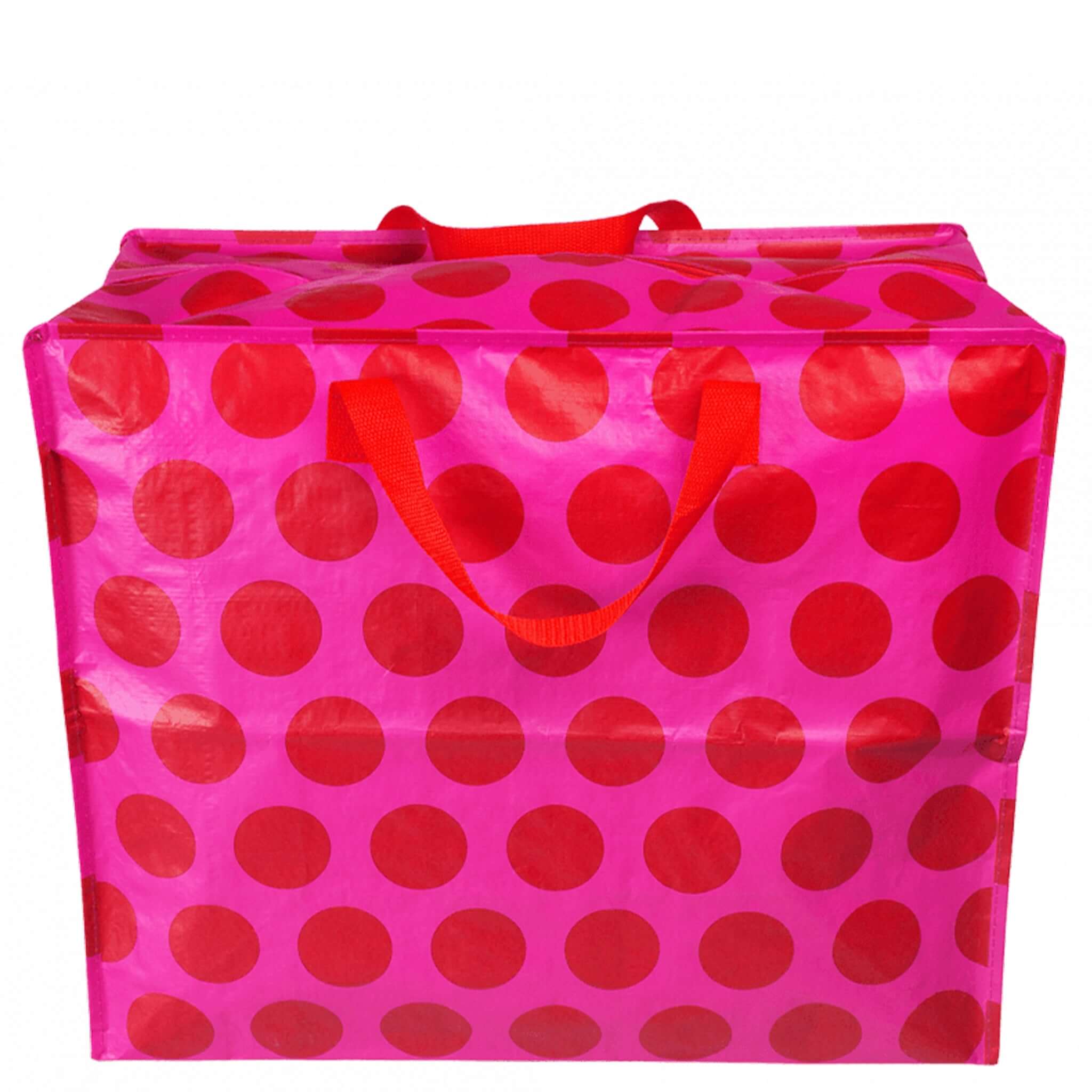 Alt Tag: Rex London Jumbo Storage Bag - Spotlight Red on Pink jumbo recycled plastic storage bag with red spots and handles for bedding, clothes, toys