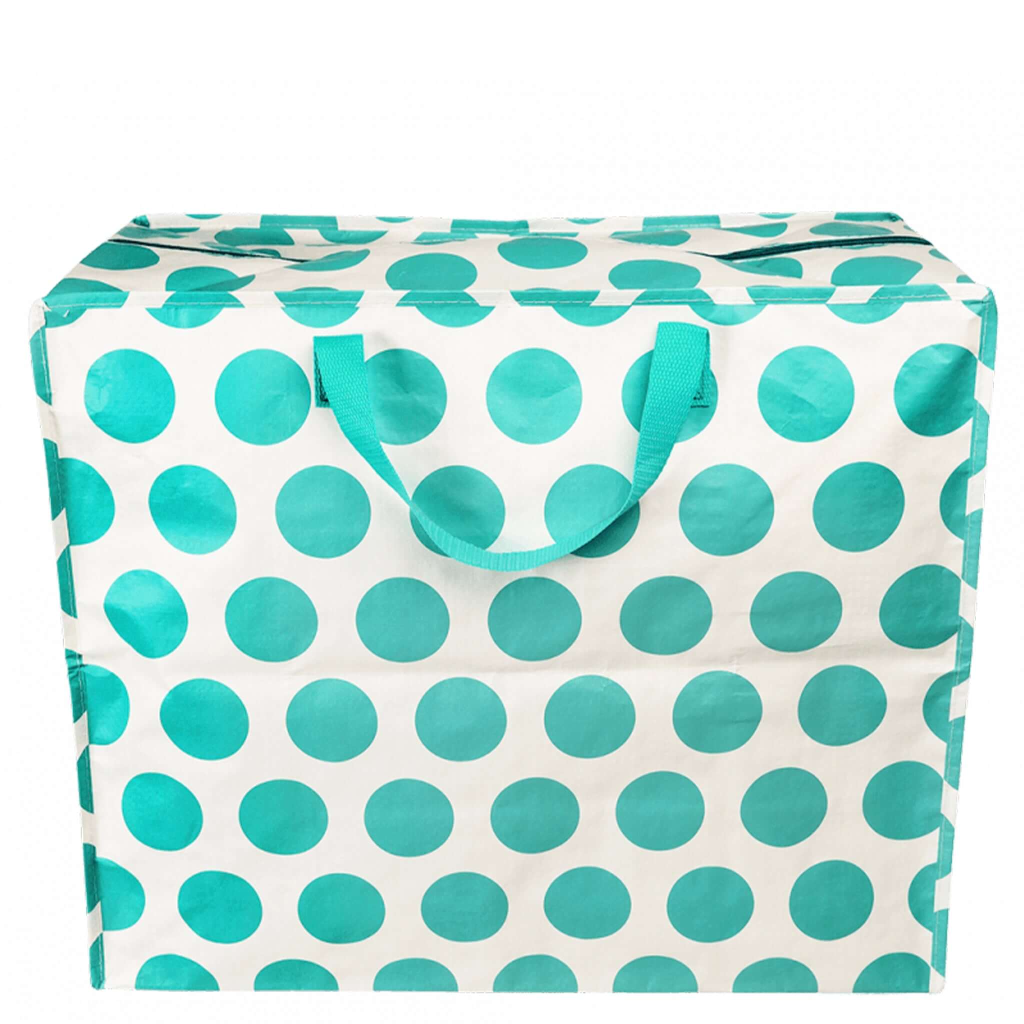 Alt Tag: Rex London Jumbo Storage Bag - Spotlight Turquoise on White jumbo recycled plastic storage bag with turquoise polka dots