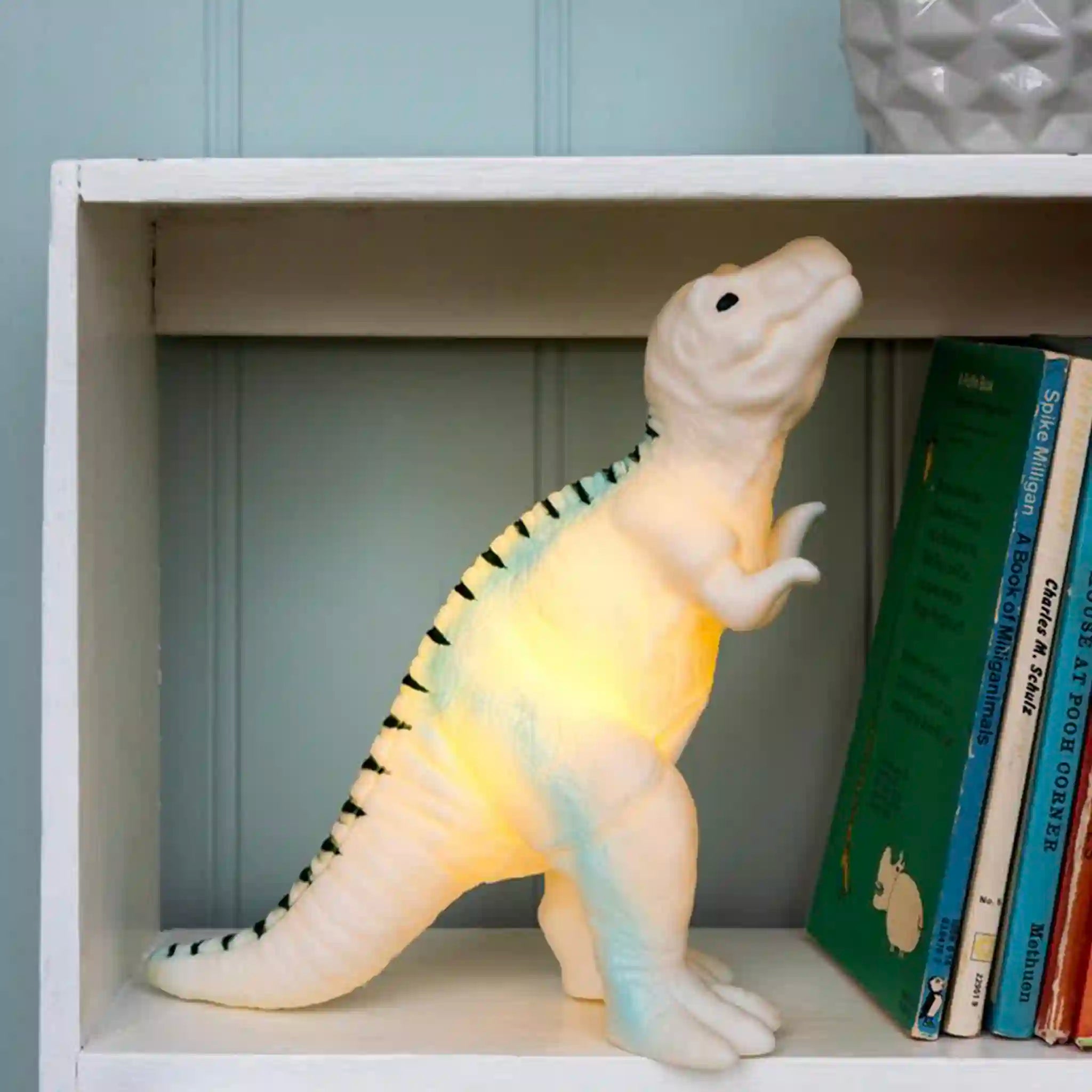 Dinosaur-shaped lamp on a shelf with books