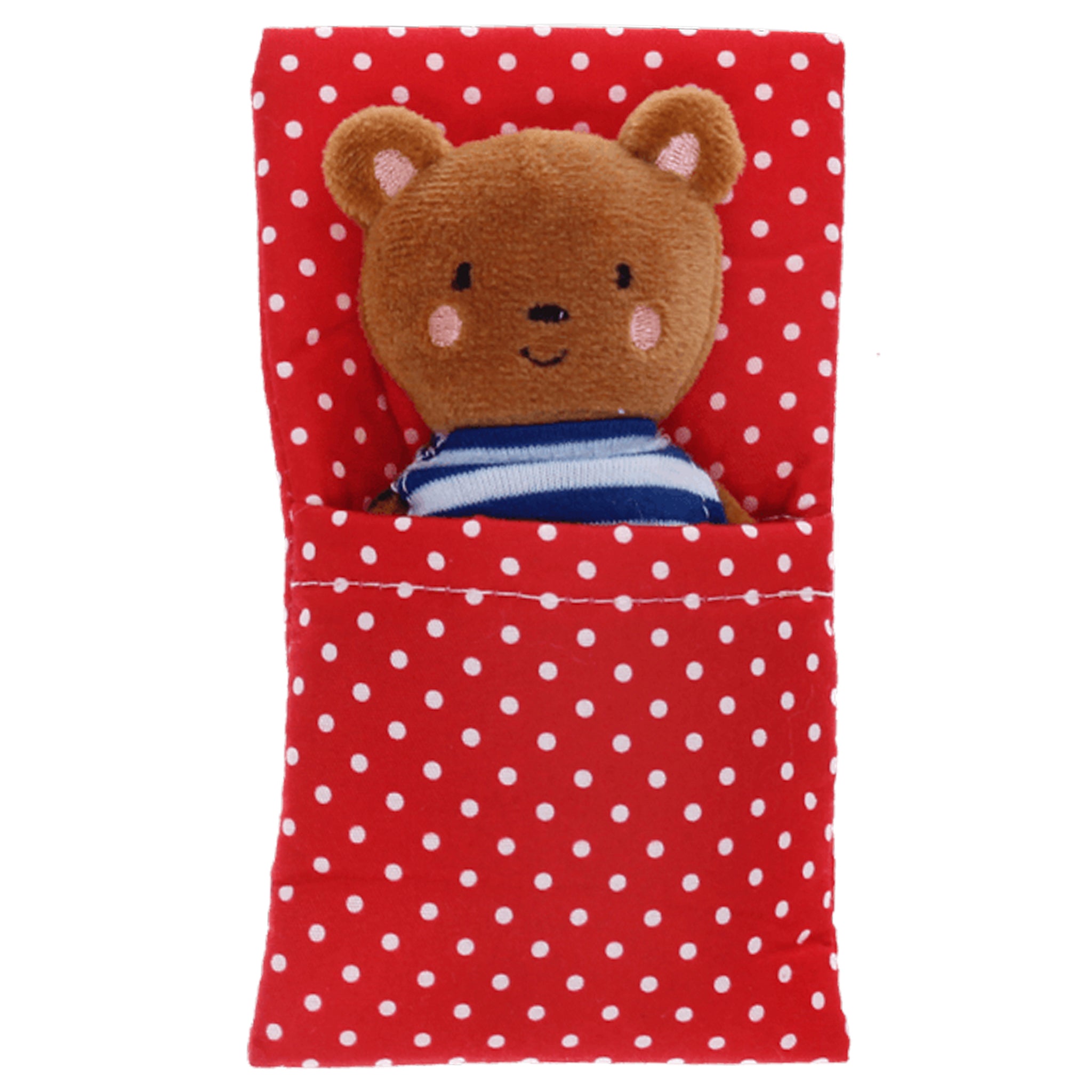 Stuffed bear toy in a red polka dot bag on a white background