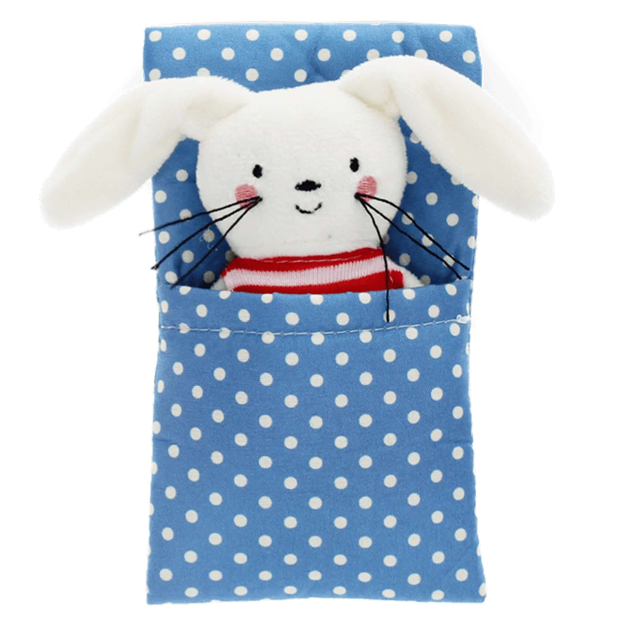 Plush rabbit toy peeking out from a blue polka dot pouch on a white background