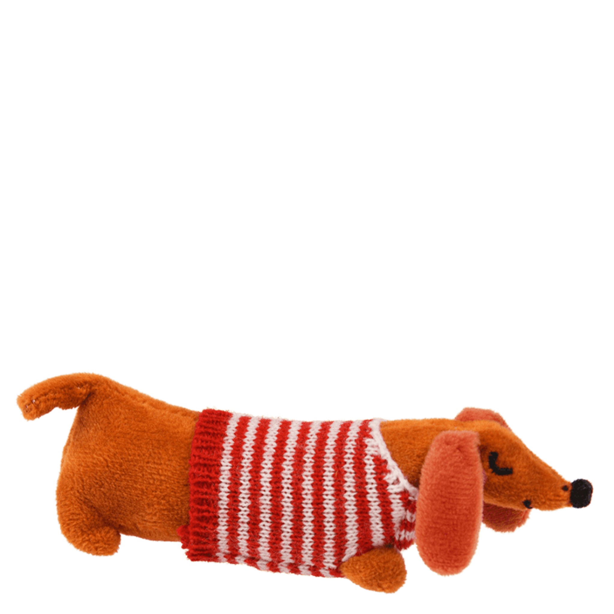 Knitted dachshund dog toy wearing a red and white striped sweater on a white background