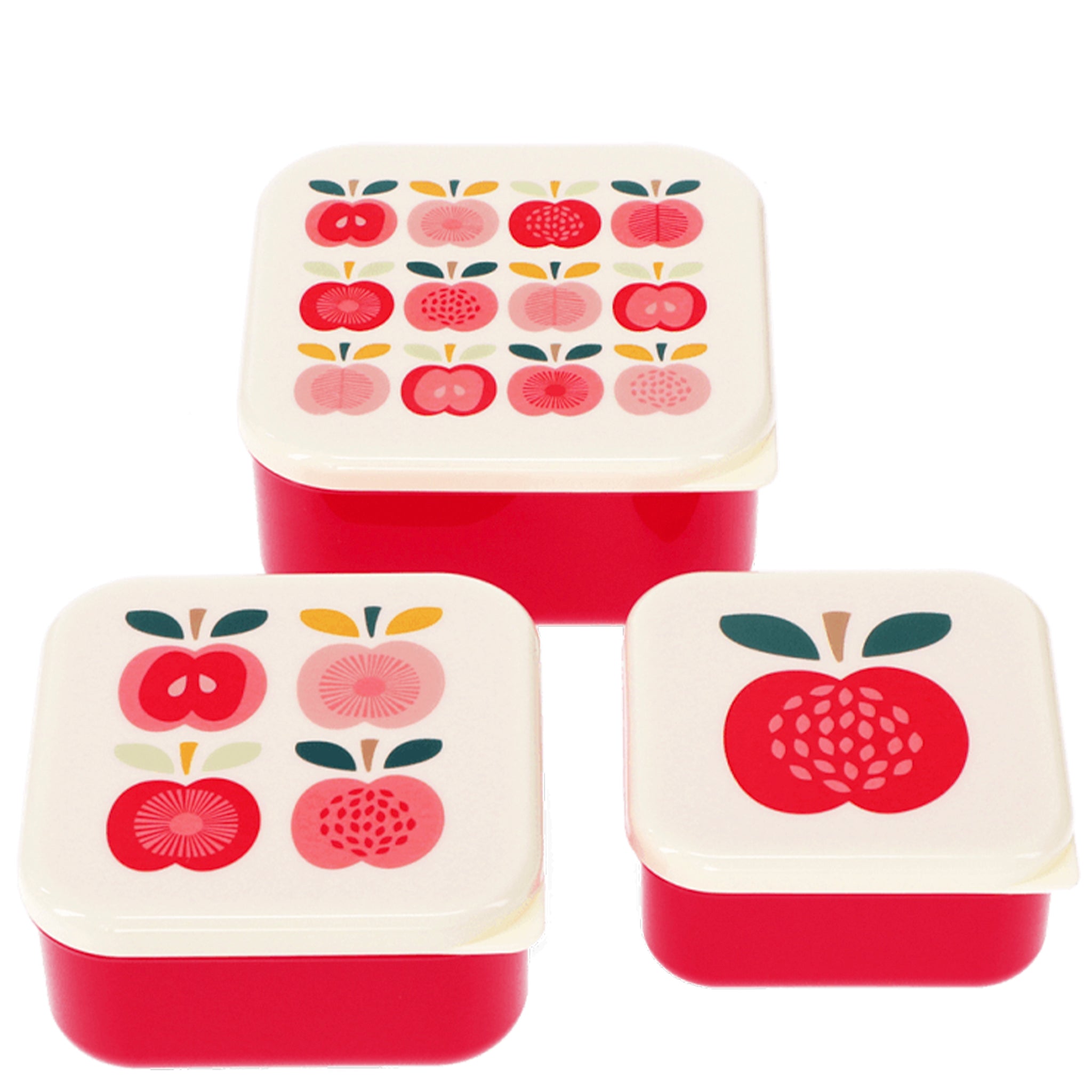 Set of three square containers with apple design on a white background