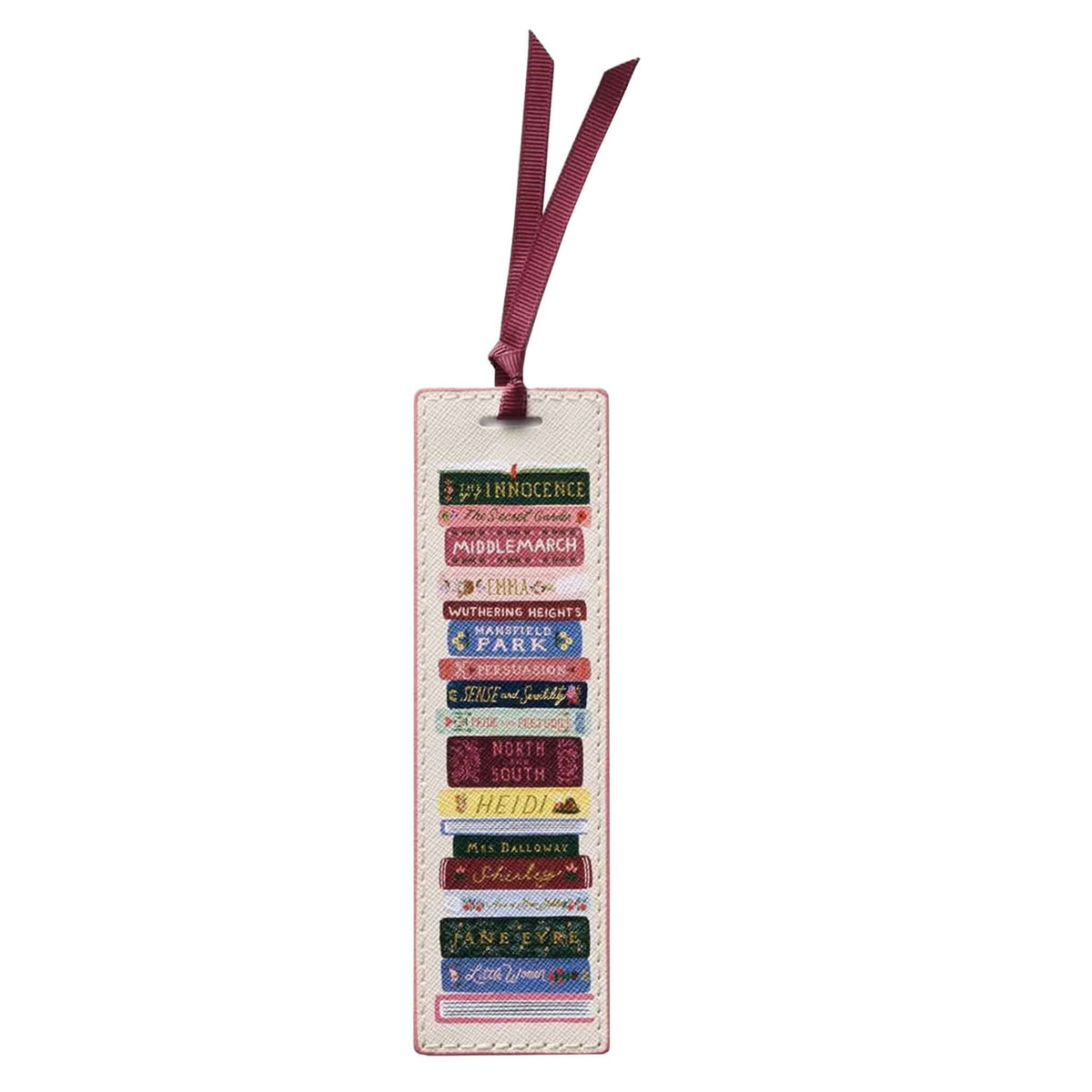 Rifle Paper Bookmark - Ladies Night Book Club featuring classic book titles and a burgundy ribbon.