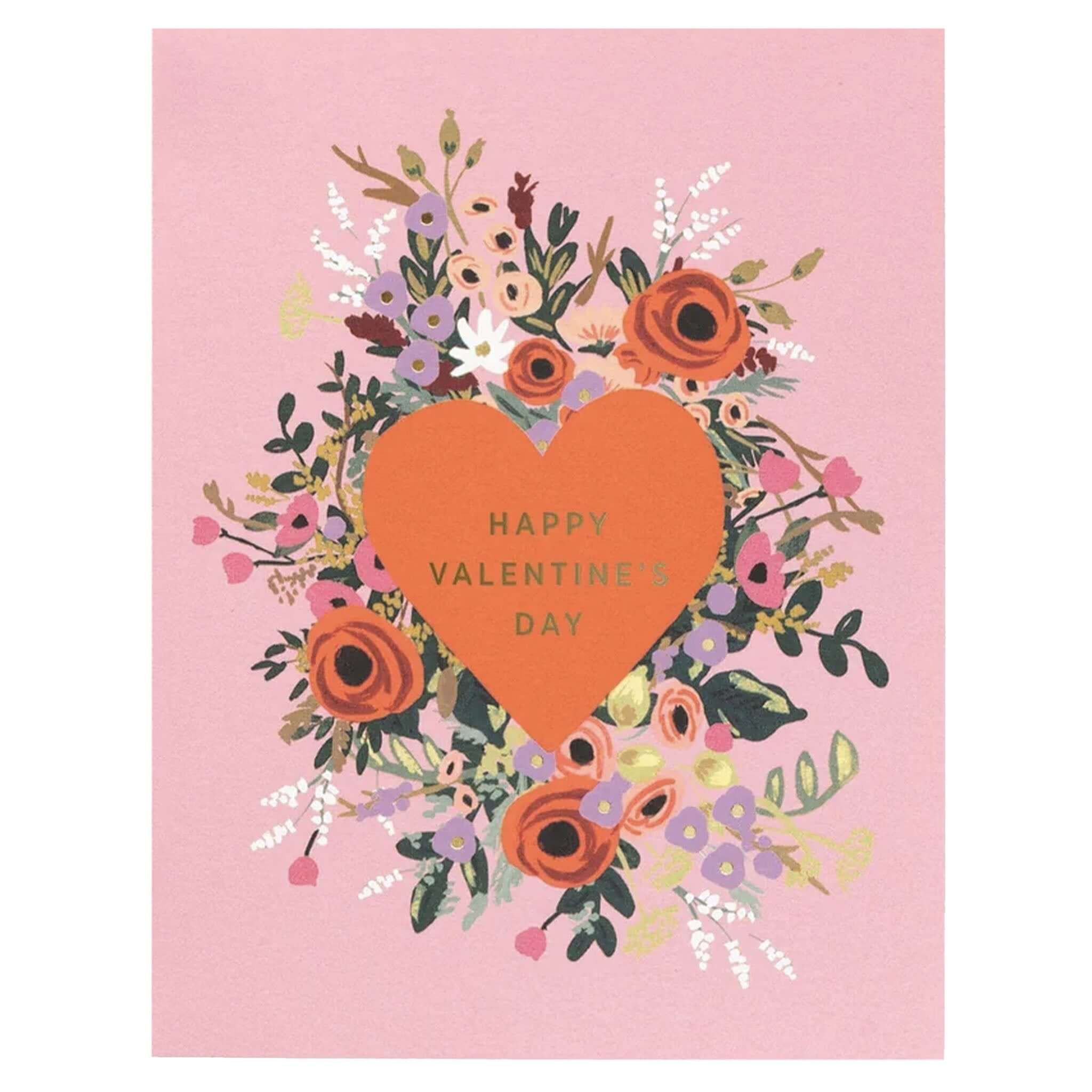 Alt Tag: Rifle Paper Card - Blooming Heart Valentine floral heart Valentine’s Day card with pink blooms and gold foil