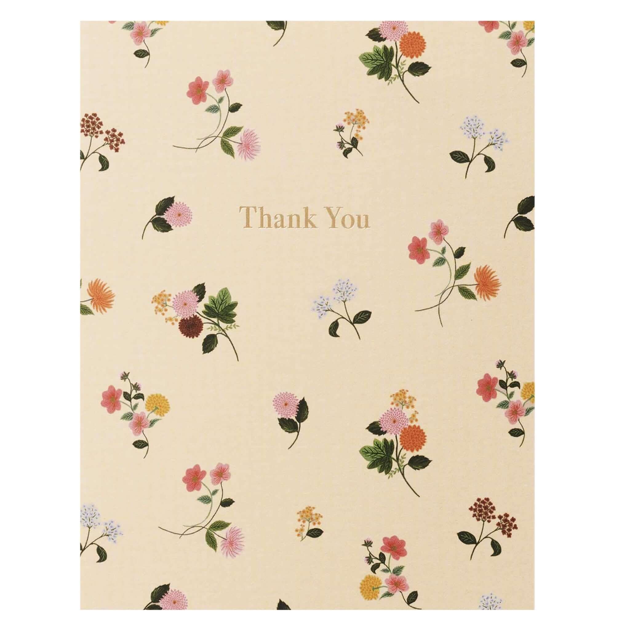 Rifle Paper Card - Ditsy Dahlia Thank You with floral design and metallic gold foil lettering.