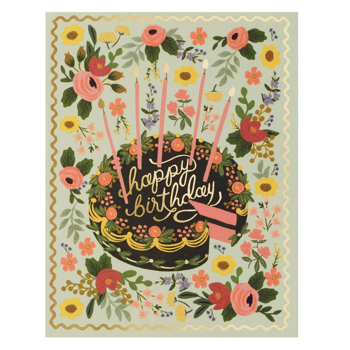 Rifle Paper Card - Floral Cake featuring a birthday cake surrounded by colorful flowers and gold foil text.