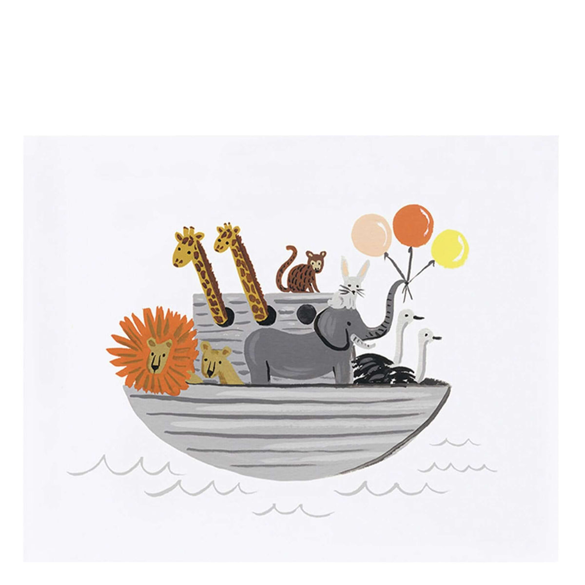 Rifle Paper Card - Noah's Ark featuring animals on a boat with balloons and gold foil waves.