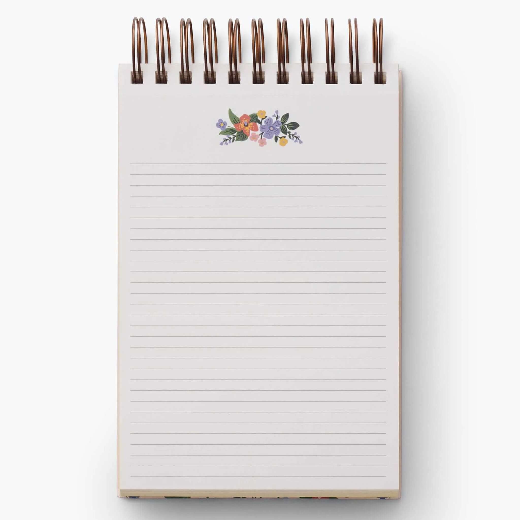 Alt Tag: Rifle Paper Desktop Spiral Notepad - Wildwood lined notepad with floral header and gold double-spiral binding
