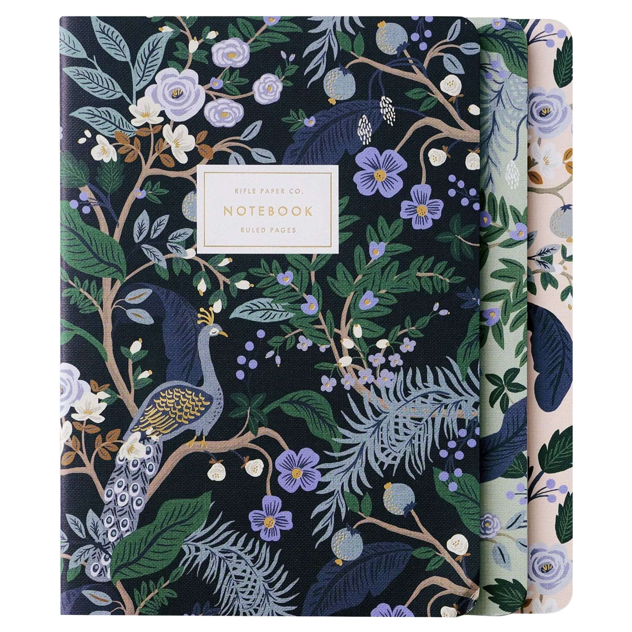 Rifle Paper Stitched Notebook Set - Peacock featuring three beautifully designed notebooks with floral patterns and gold accents.