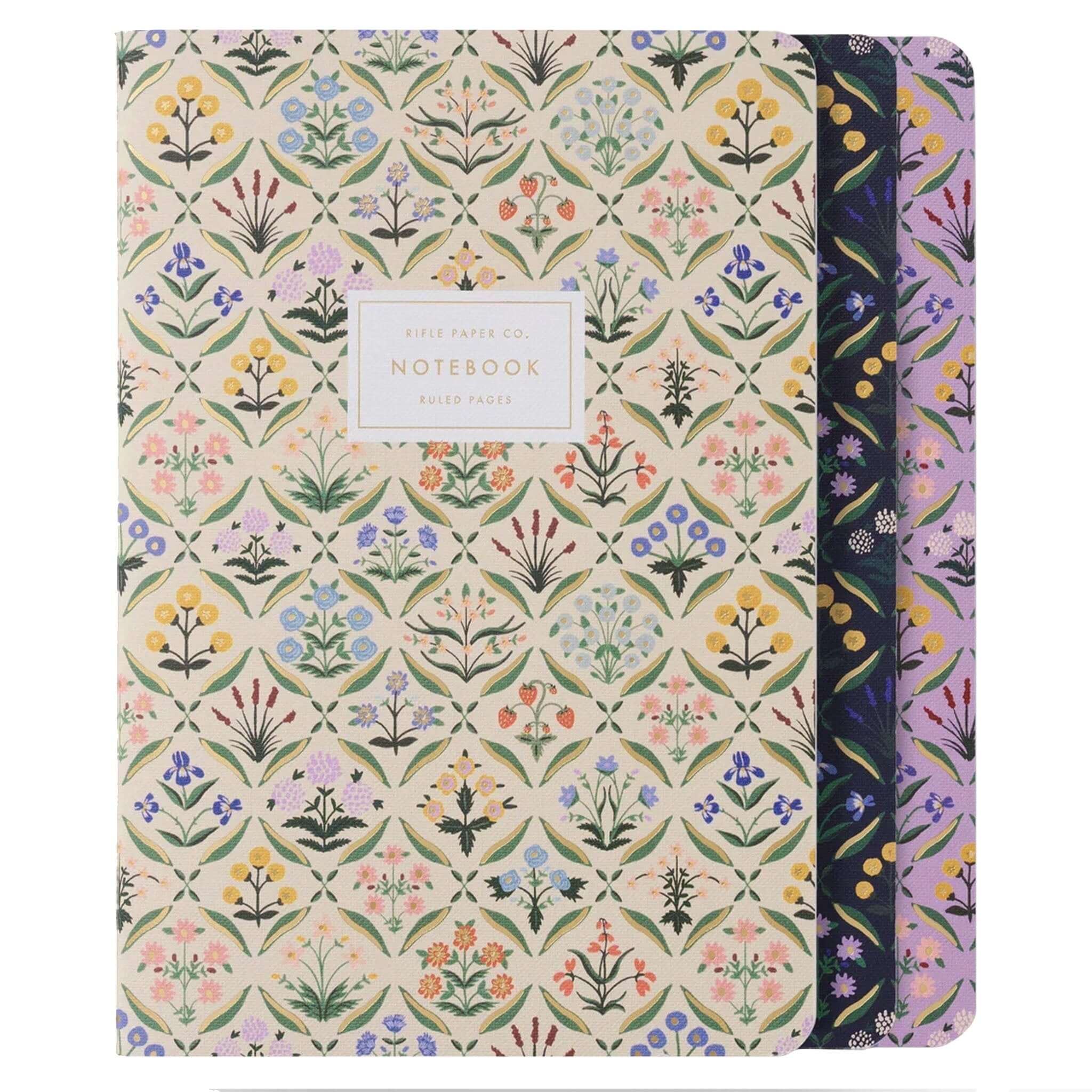 Alt Tag: Rifle Paper Stitched Notebook Set - Estee floral stitched notebooks with gold foil accents, set of three lay-flat journals
