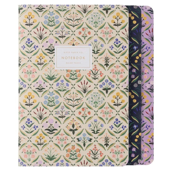 Alt Tag: Rifle Paper Stitched Notebook Set - Estee floral stitched notebooks with gold foil accents, set of three lay-flat journals