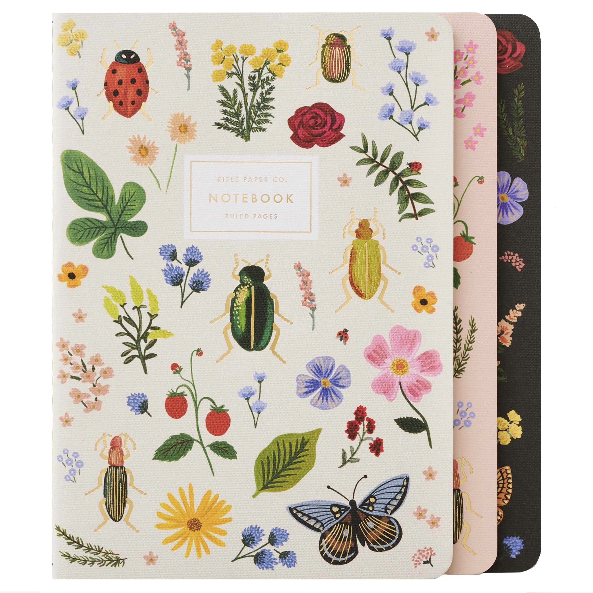 Rifle Paper US Stitched Notebook Set - Curio featuring colorful floral and insect designs.