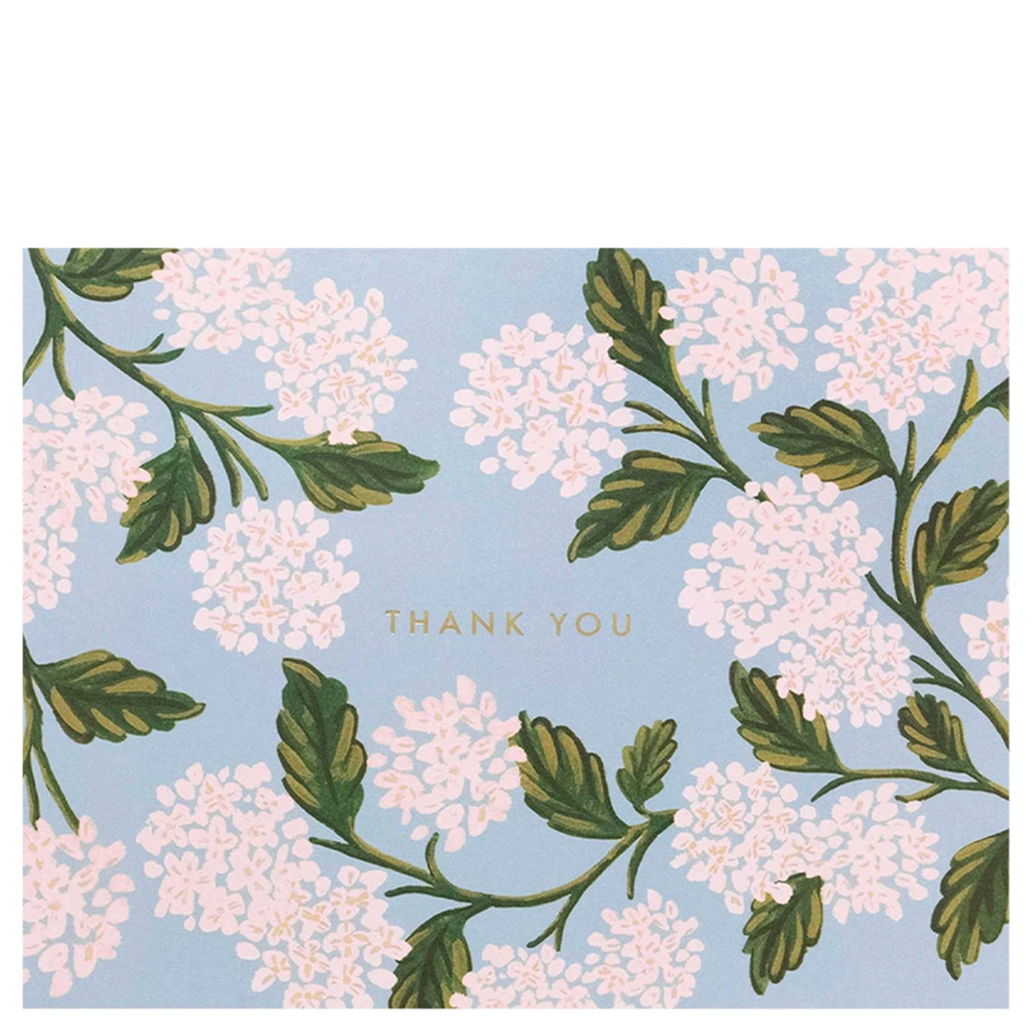 A thank you card with a floral pattern and the text 'THANK YOU' centered at the bottom. The card is primarily white with gold foil details and green leaves.