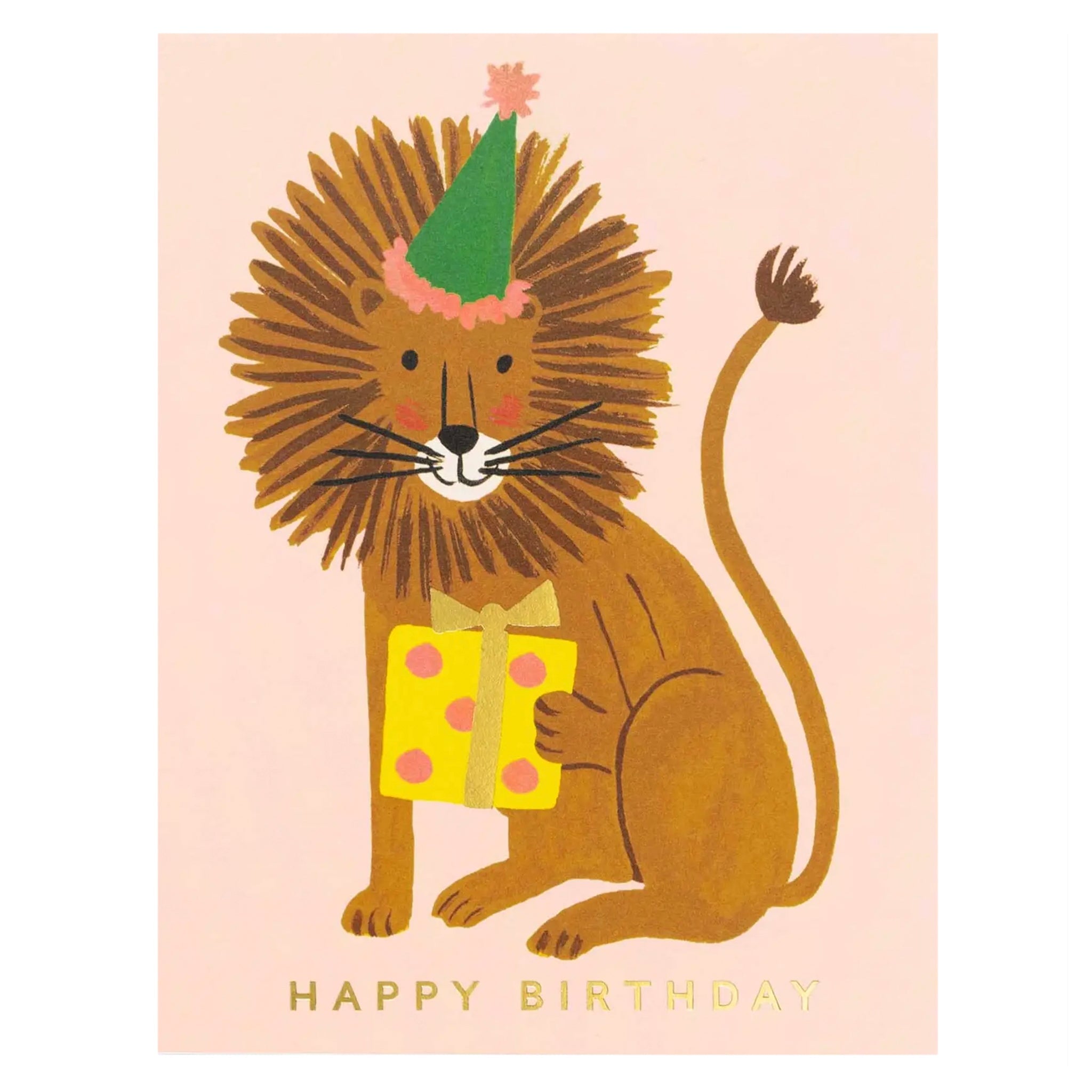 A greeting card featuring an illustration of a lion wearing a party hat and holding a gift box with the text 'HAPPY BIRTHDAY' on the front.