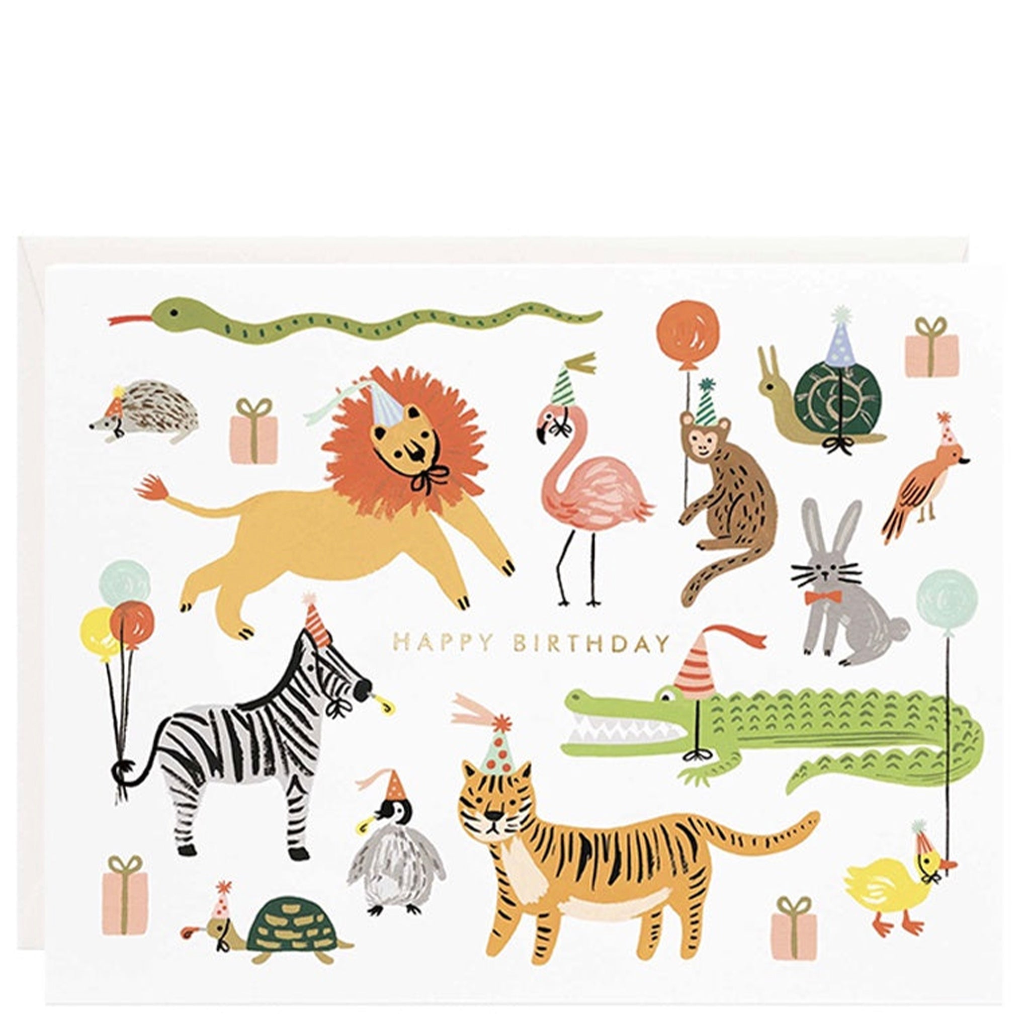 A colorful birthday greeting card featuring an illustration of various animals such as a lion, flamingo, and zebra, with party accessories like balloons and gifts. The text 'Happy Birthday' is visible.