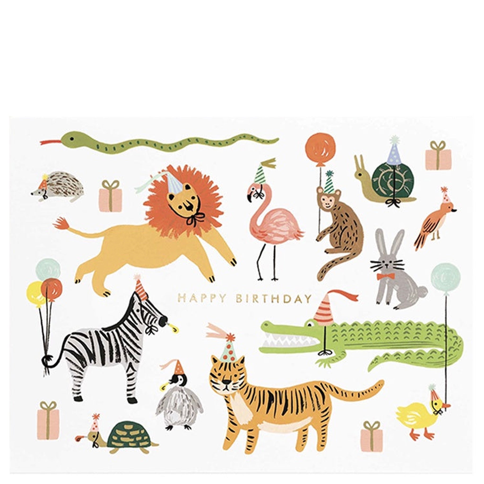 A colorful birthday greeting card featuring an illustration of various animals such as a lion, flamingo, and zebra, with party accessories like balloons and gifts. The text 'Happy Birthday' is visible.