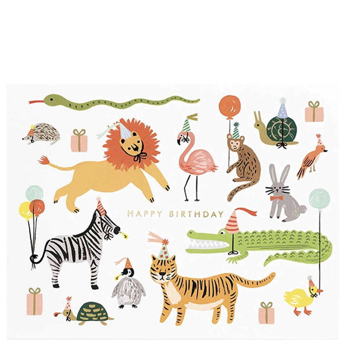 A colorful birthday greeting card featuring an illustration of various animals such as a lion, flamingo, and zebra, with party accessories like balloons and gifts. The text 'Happy Birthday' is visible.