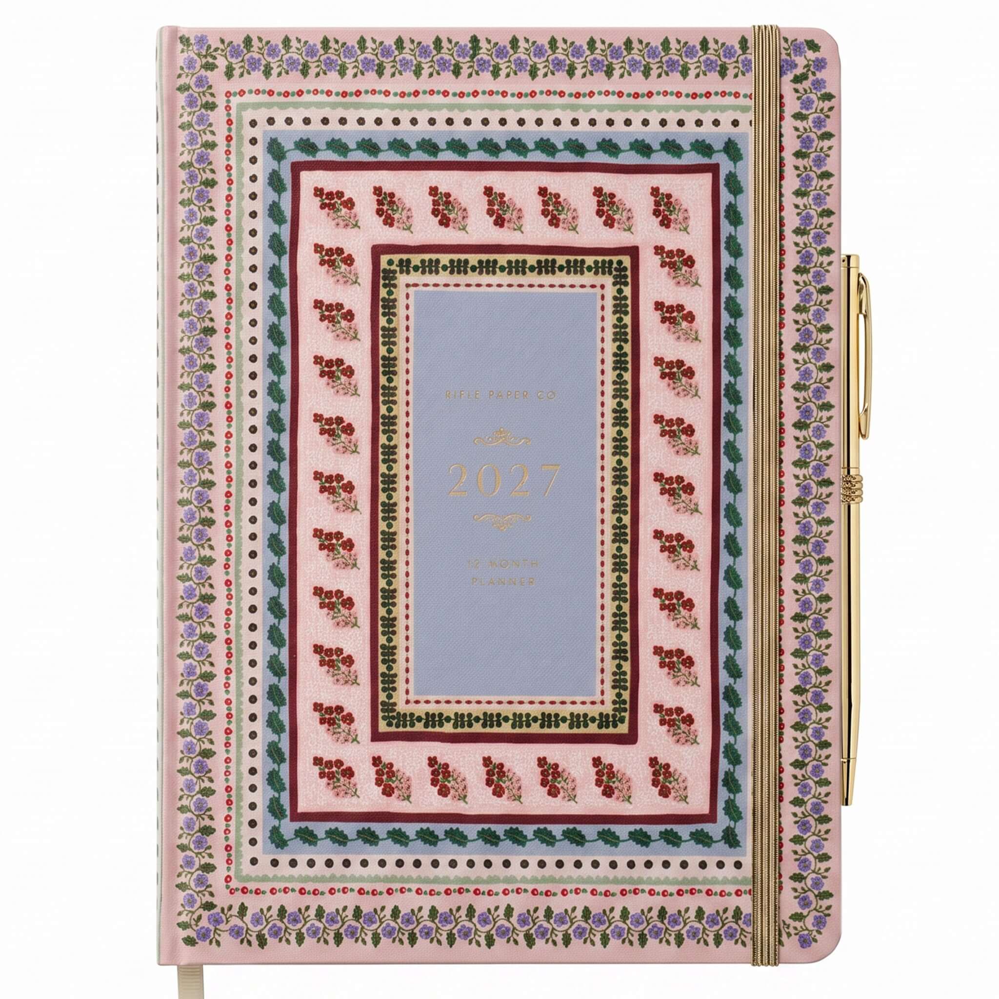 Rifle Paper 2027 Weekly Hardcover Planner with Pen - Paisley design featuring floral patterns and gold pen.