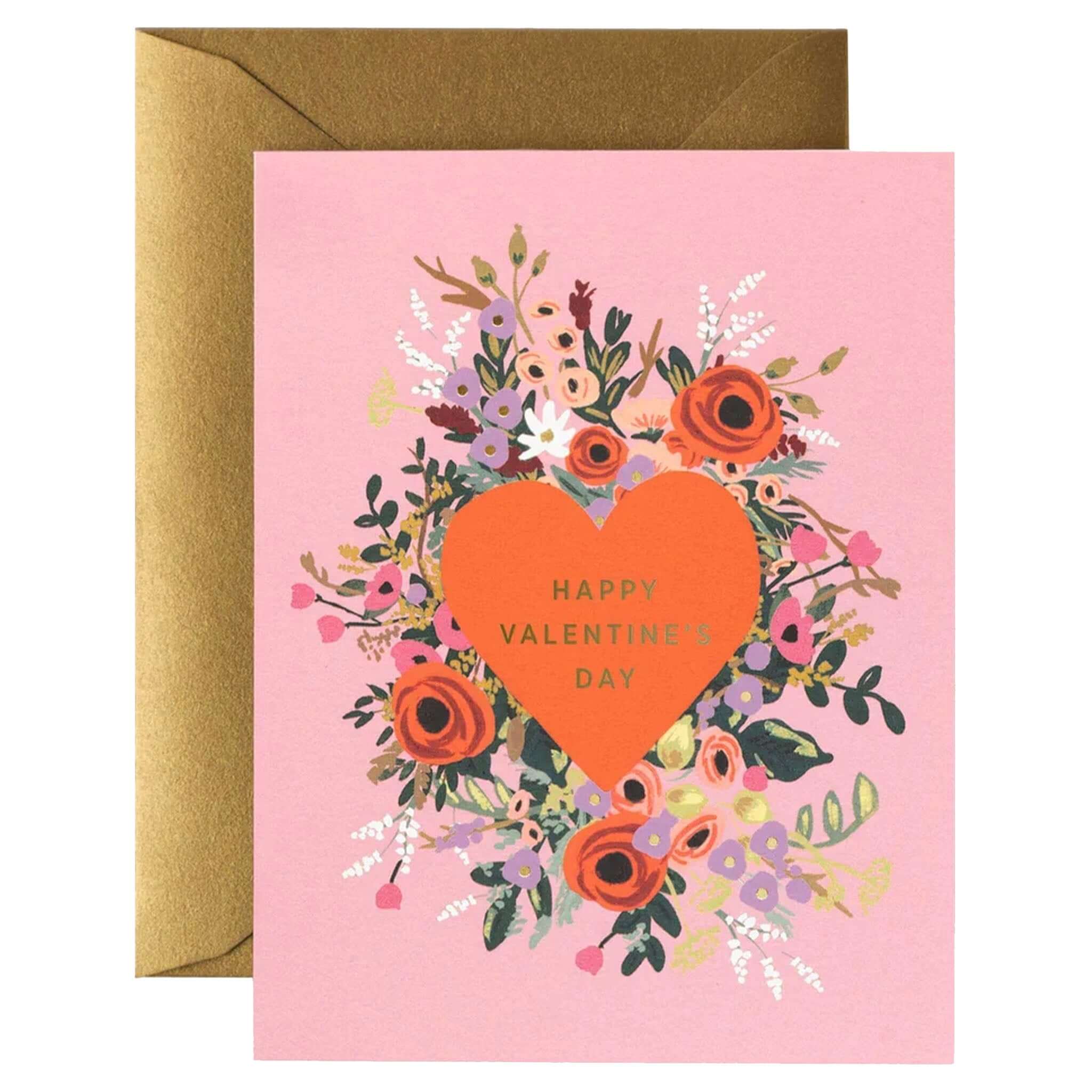 Alt Tag: Rifle Paper Card - Blooming Heart Valentine pink floral heart Valentine’s Day card with gold foil and envelope