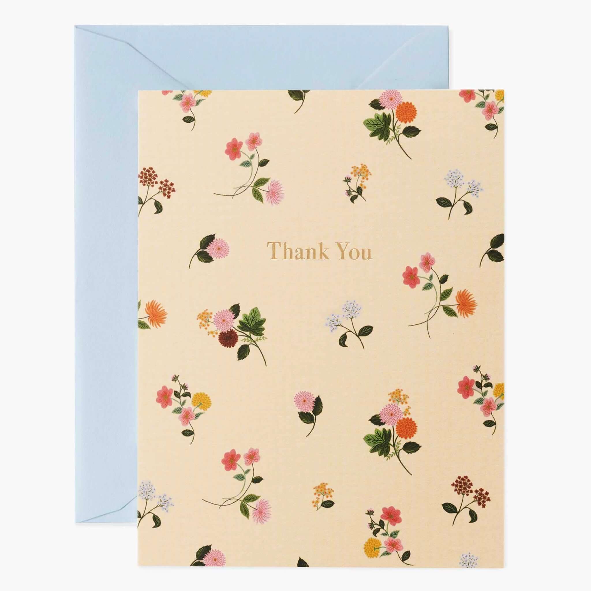 Rifle Paper Card - Ditsy Dahlia Thank You card with floral design and blue envelope.