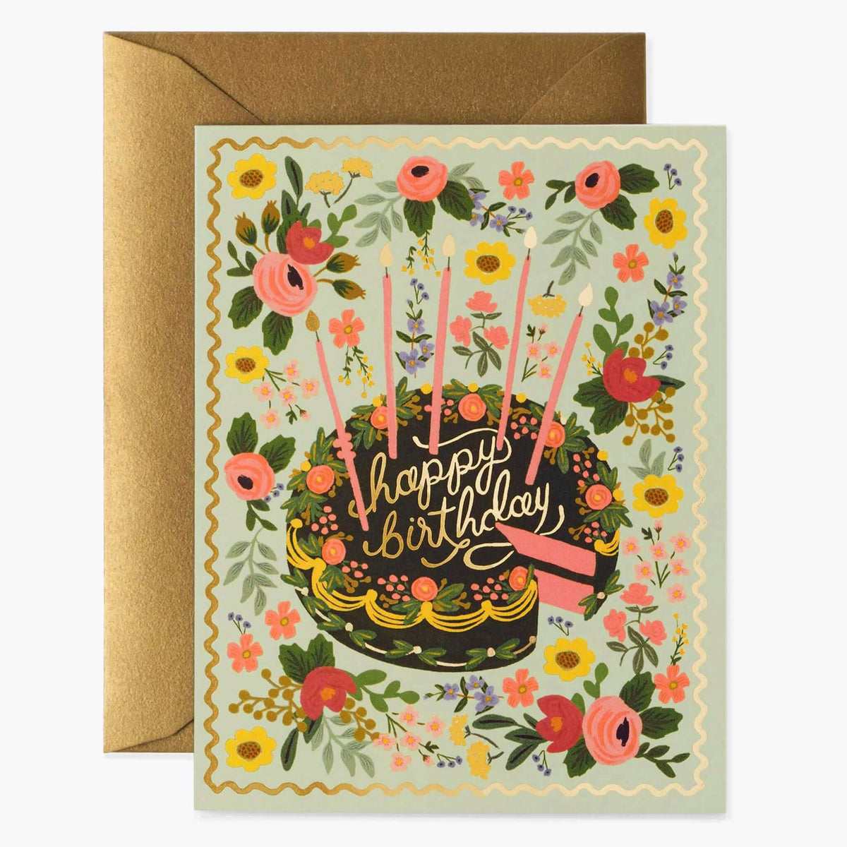 Rifle Paper Card - Floral Cake featuring a candle-topped cake and floral wreath with gold foil script.