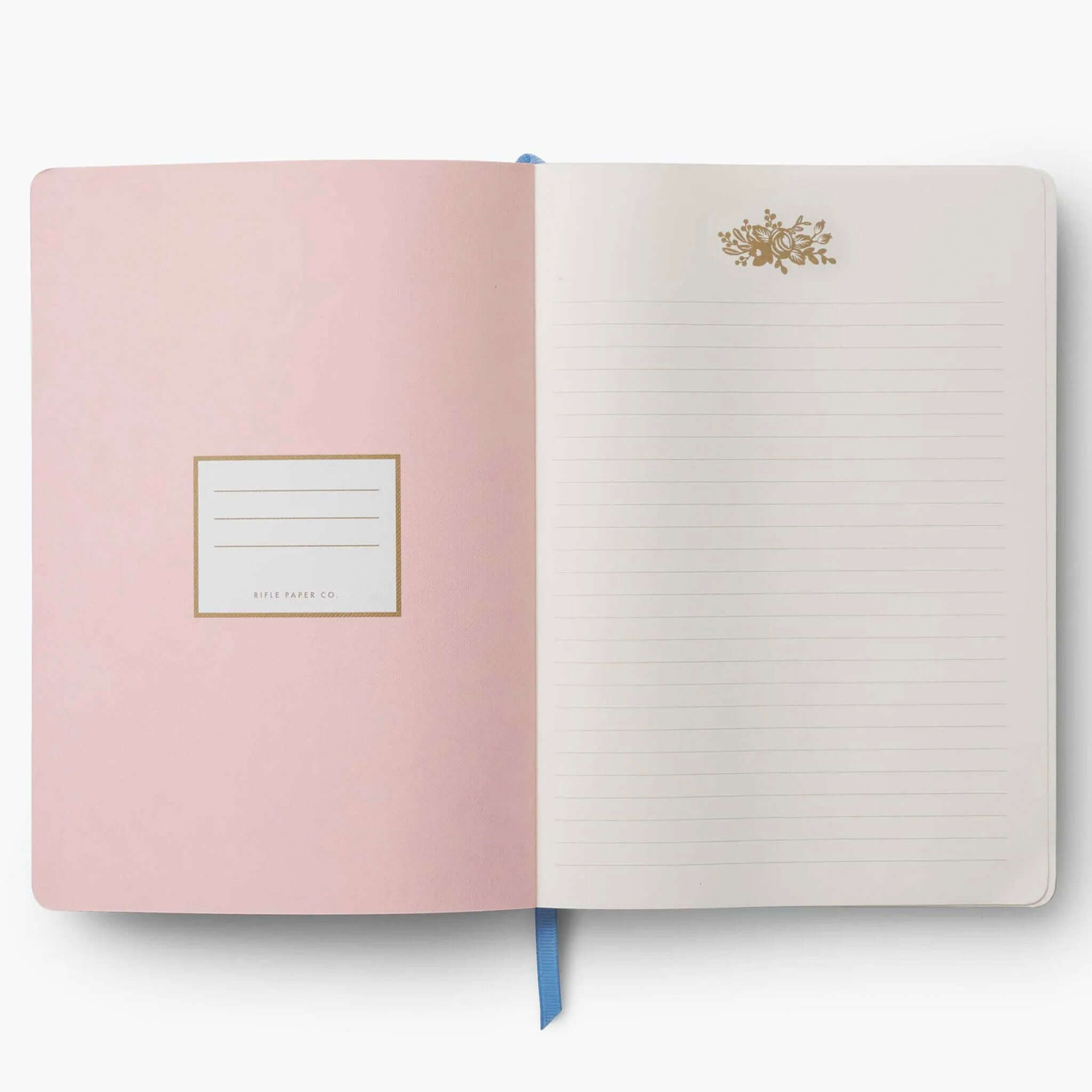 Alt Tag: Rifle Paper Softcover Journal - Rosa open lined pages with gold foil detail and double-spiral binding